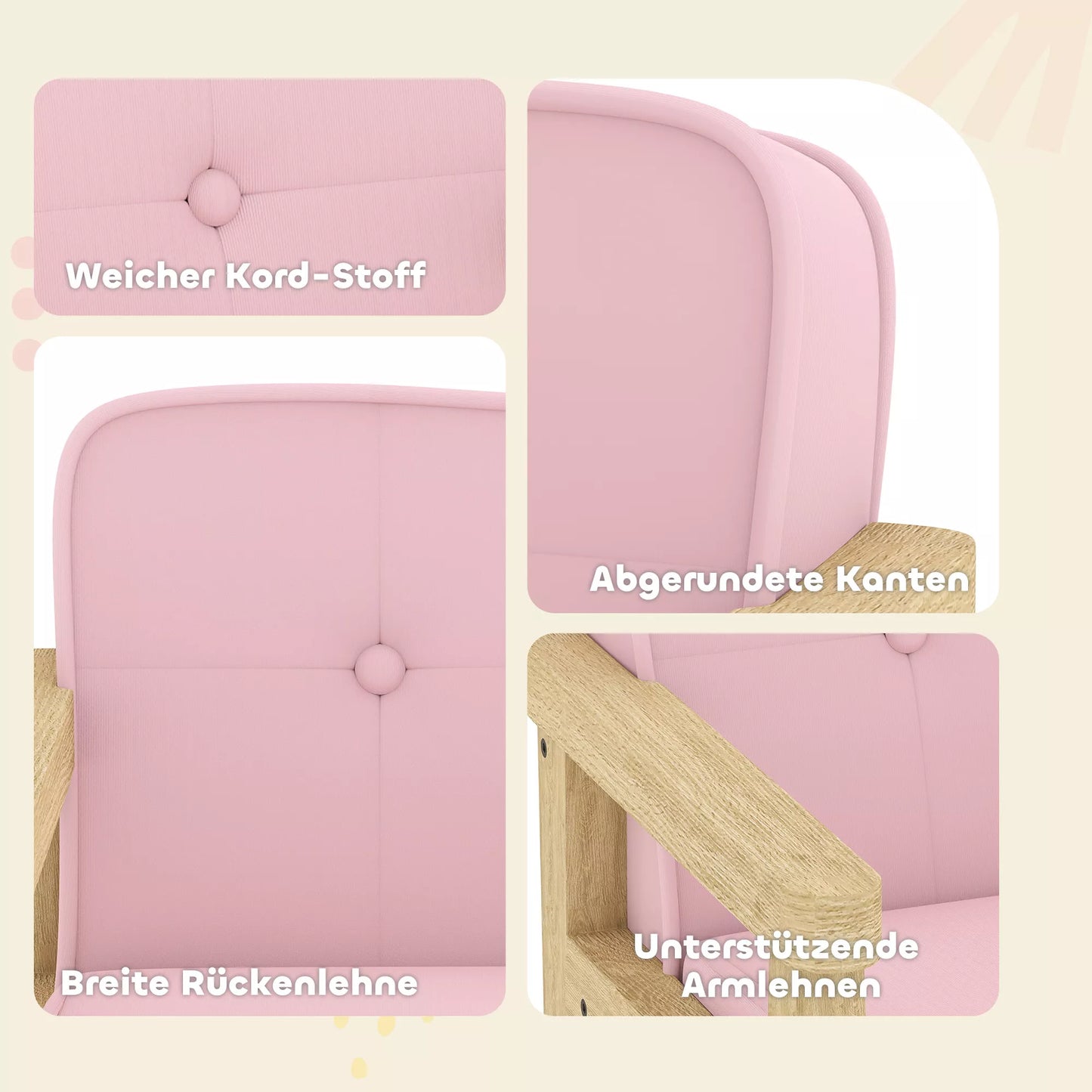 Vaikiška kėdutė / sofa su kordo rašto imitacija, tvirtomis medinėmis kojelėmis. Fotelis iš putplasčio, vaikiška kėdė vaikų darželiui, žaidimų kambariui, 46,5 x 44 x 45 cm, vaikams 3–8 metai, rožinė