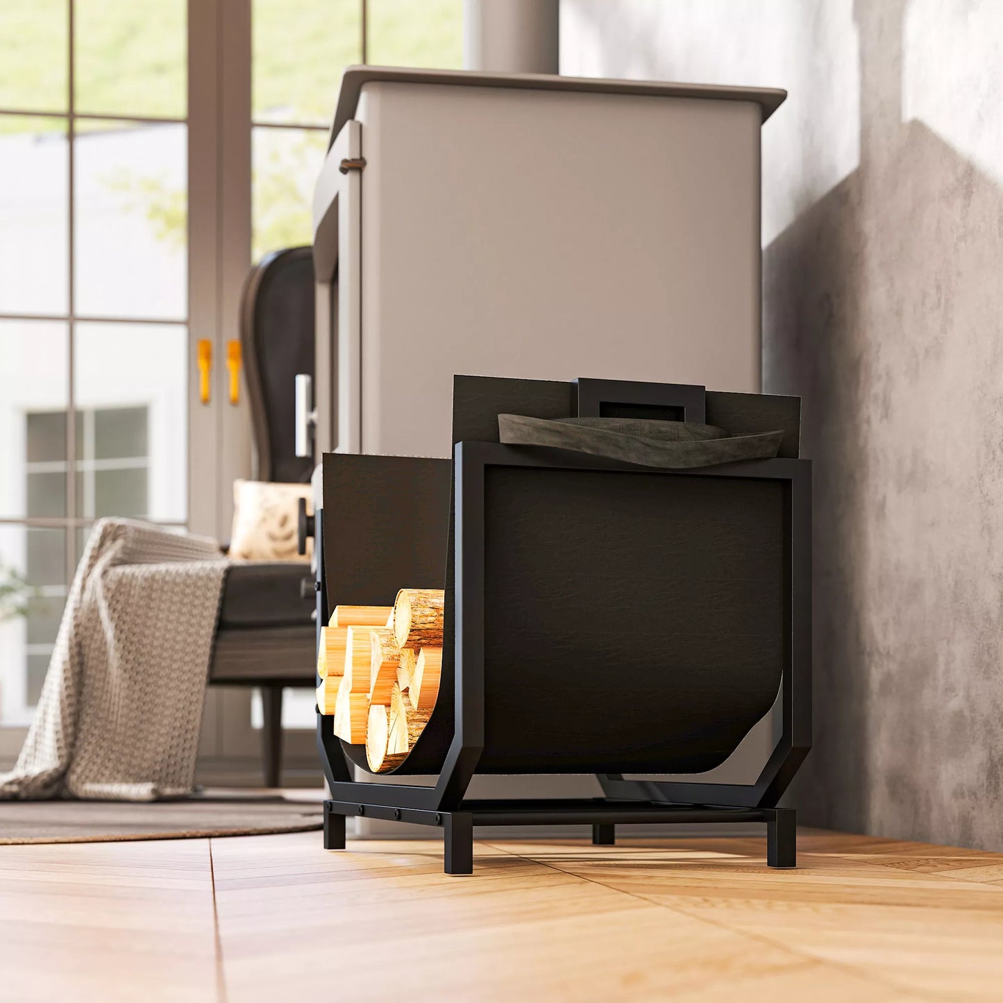 Vidinis laikiklis malkoms 53 x 33 x 43 cm, medienos laikymo stovas su rankena, metalinis, juodas