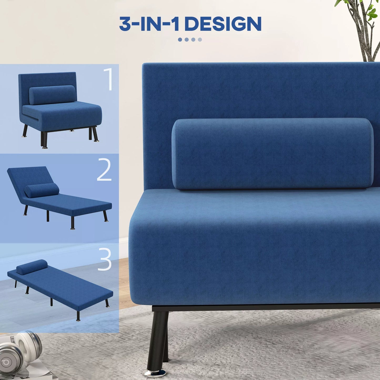 Sulankstoma kėdė su miegojimo funkcija, sulankstomas atlošiamas krėslas su lininiu paviršiumi, reguliuojama nugaros atrama, 75x70x75 cm, tamsiai mėlyna