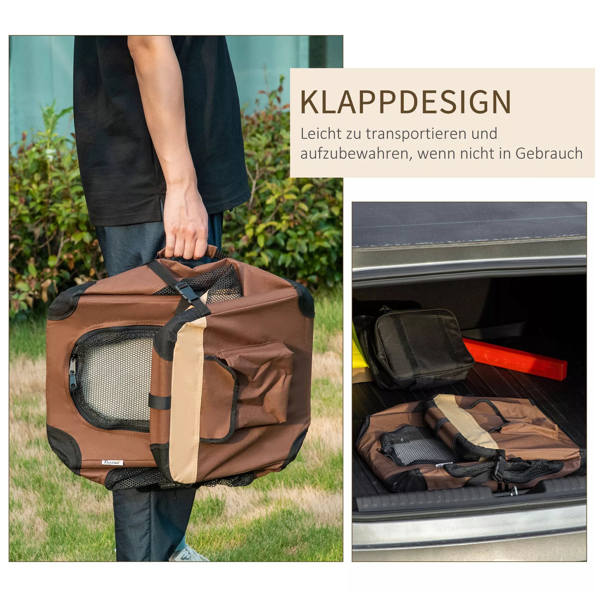 Šunų krepšys Šunų transportavimo krepšys, 3 įėjimai, sulankstomas, 70 x 51 x 50 cm, rudas + smėlio spalvos