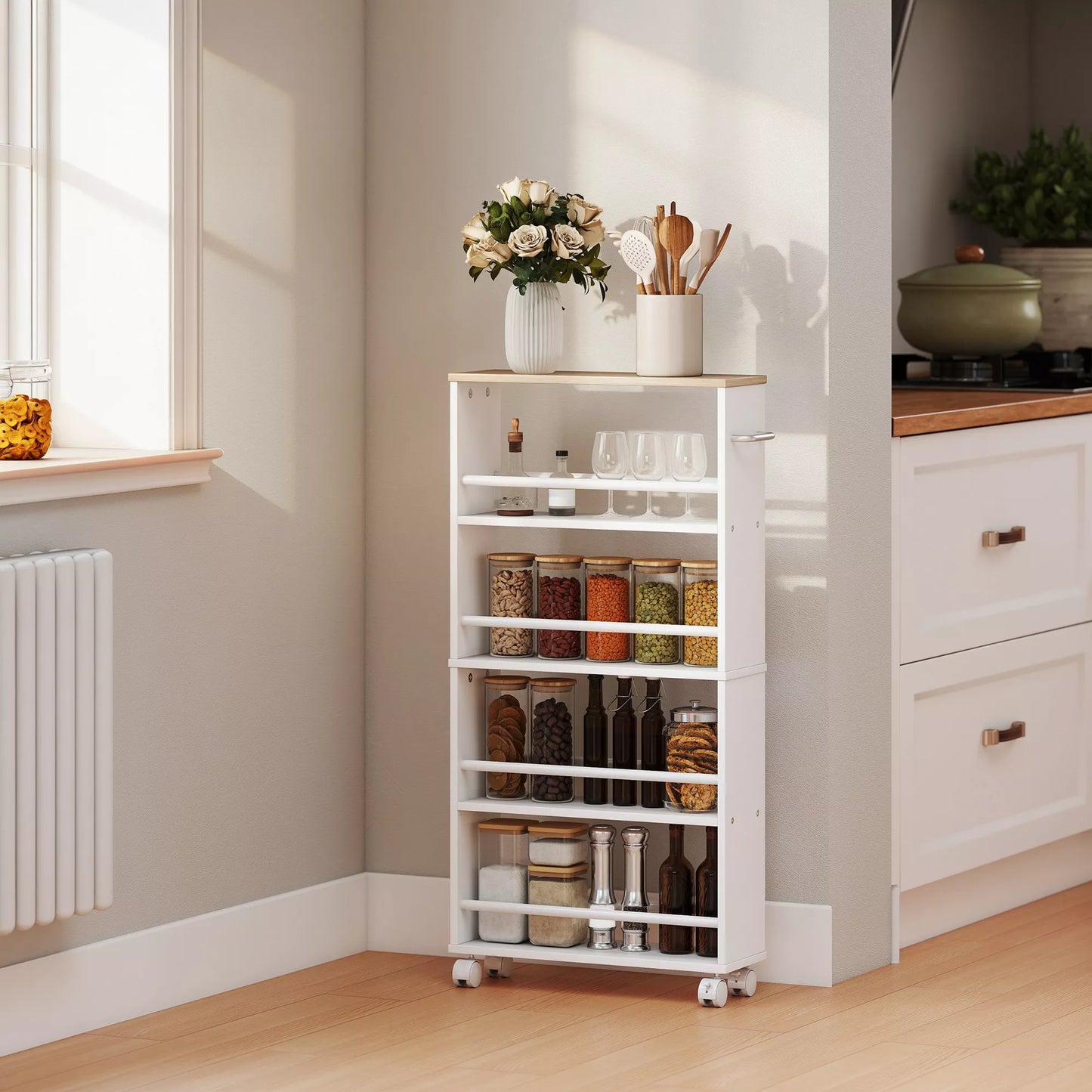 Daugiafunkcinė lentyna ant ratukų, siauras dizainas, 4 skyriai, 45x15x91 cm, Natūrali spalva