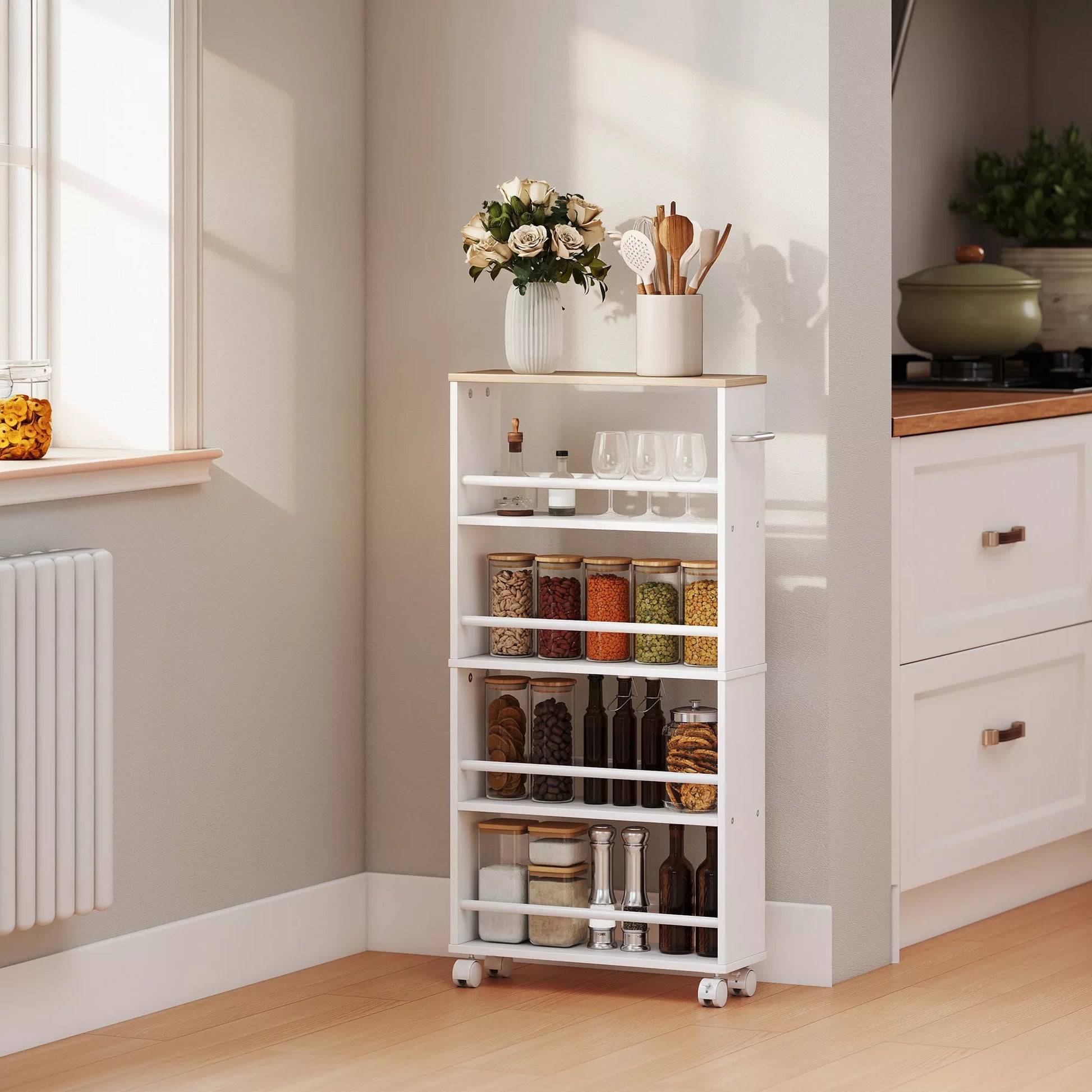 Daugiafunkcinė lentyna ant ratukų, siauras dizainas, 4 skyriai, 45x15x91 cm, Natūrali spalva