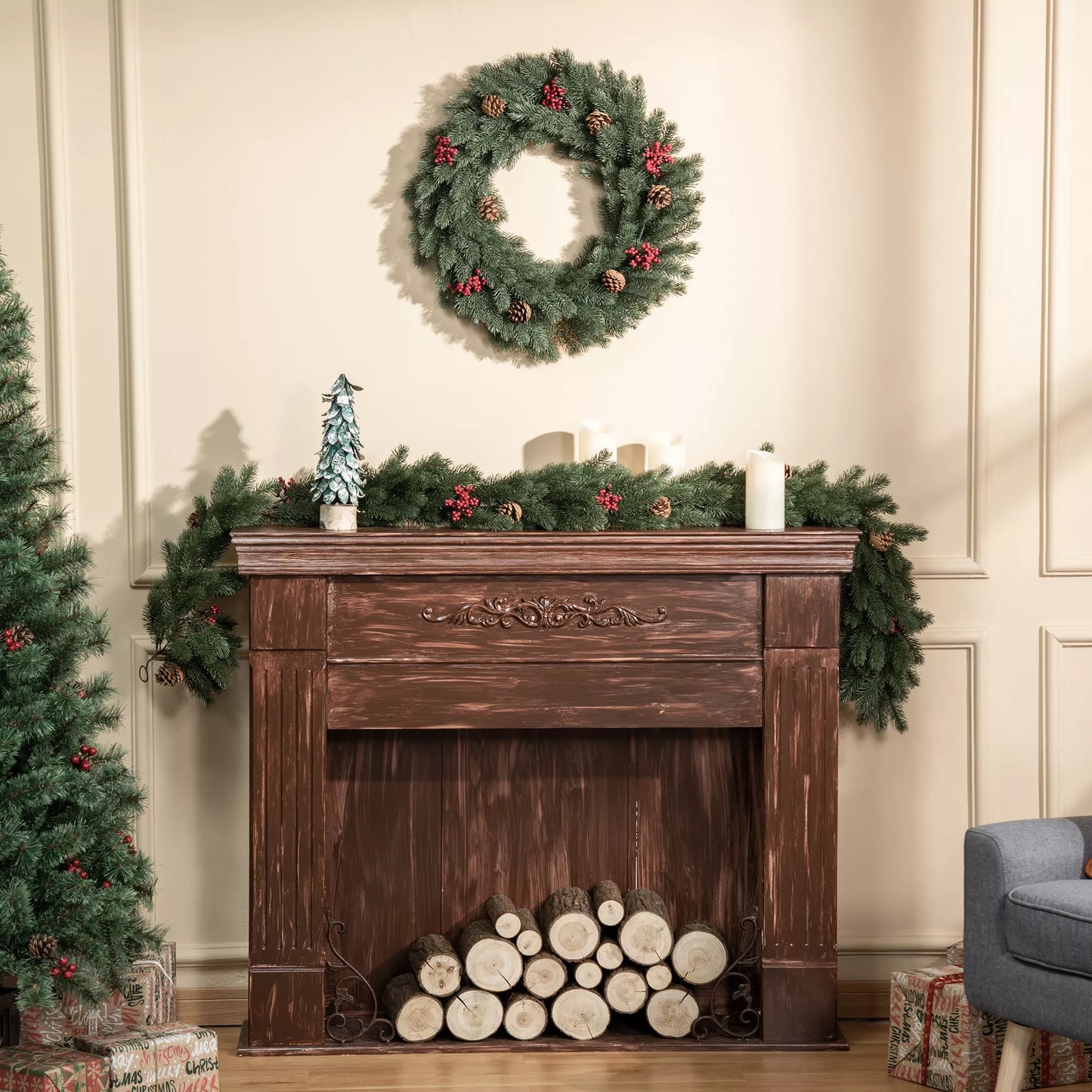 Eglišakių vainikas Durų vainikas Kalėdinis vainikas, PE, žalias, su pakabinimo kilpa gale, Ø60 x 8 cm