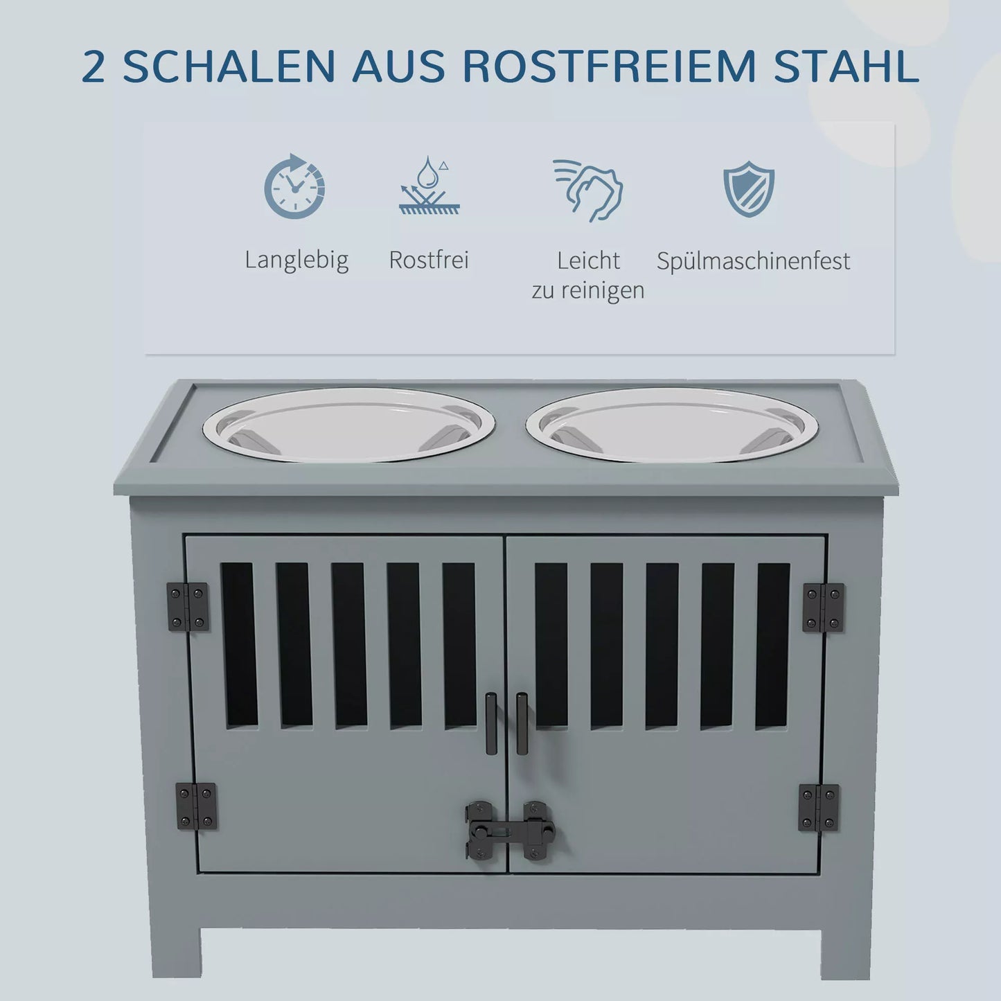 Paaukštinta lesykla dideliems šunims, 2 nerūdijančio plieno dubenėliai, laikymo skyrius, 35,5x60x30 cm, pilka