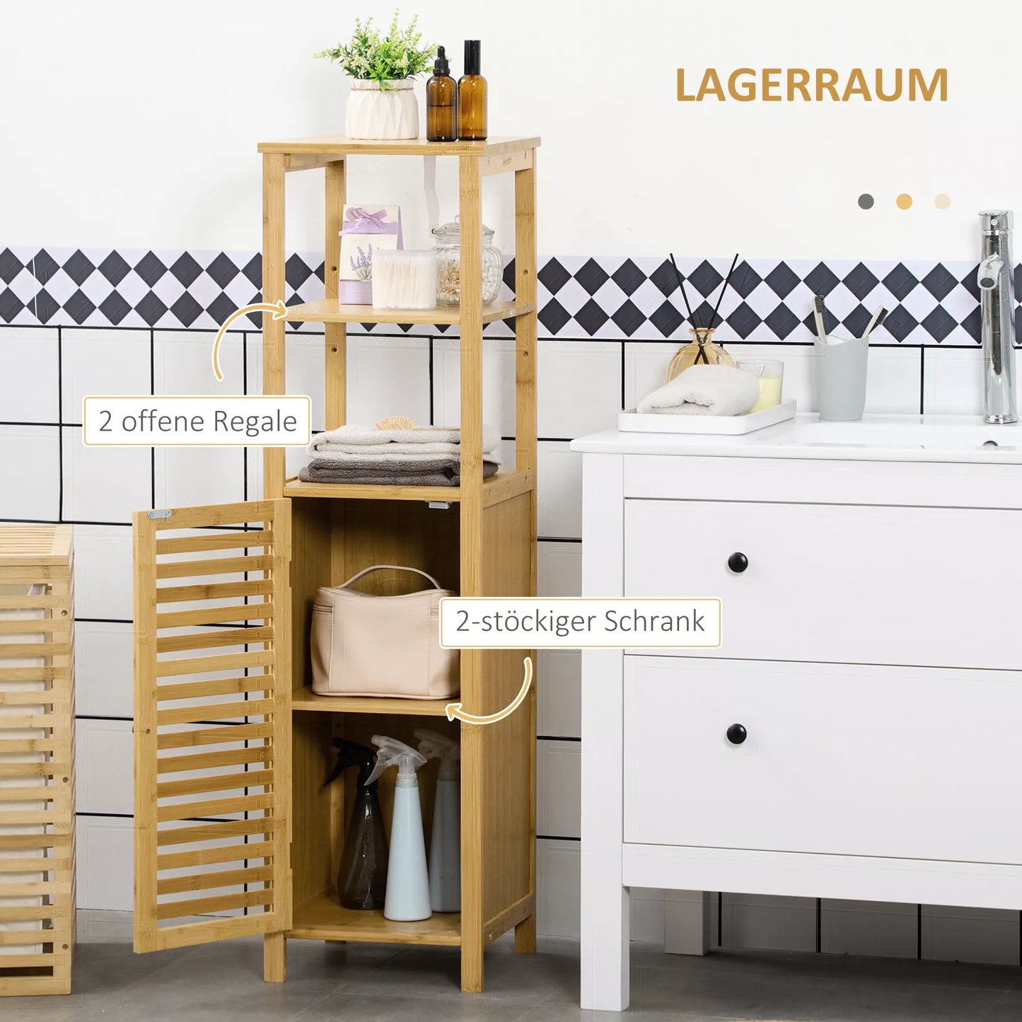 Vonios lentyna, spintelės skyrius su žaliuzi durimis, reguliuojamos lentynos, bambukas, apyt. 33 x 30 x 120 cm