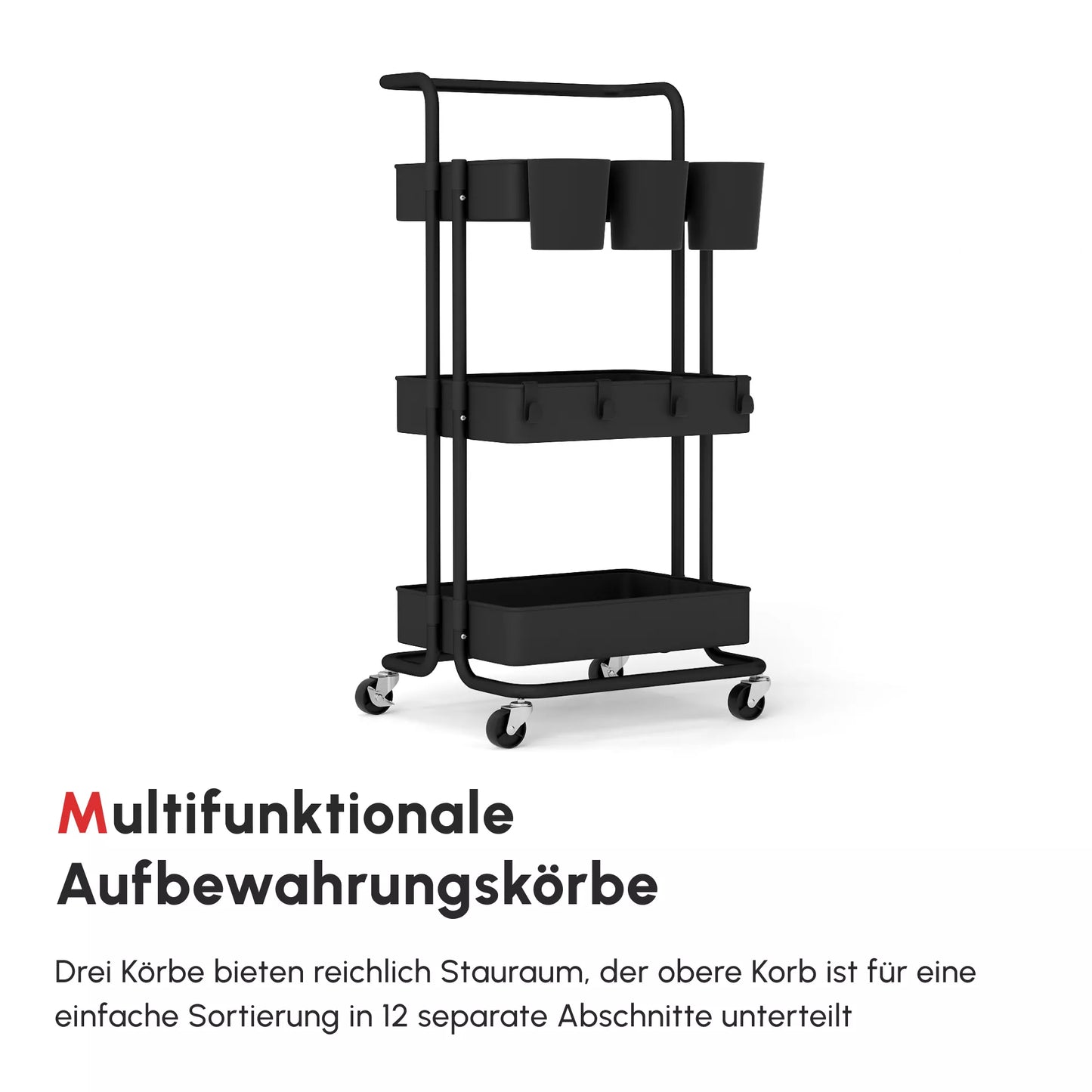 Ratinis vežimėlis su 3 lentynomis, laikymo krepšiais, kabliukais, pagalbinis vežimėlis virtuvei ar svetainei, plienas, plastikas, juodas
