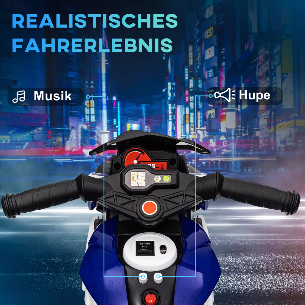 Elektrinis vaikų motociklas, šviesos ir garsai, 3 km/h, įkraunamas, plastikas ir metalas, mėlynas/baltas