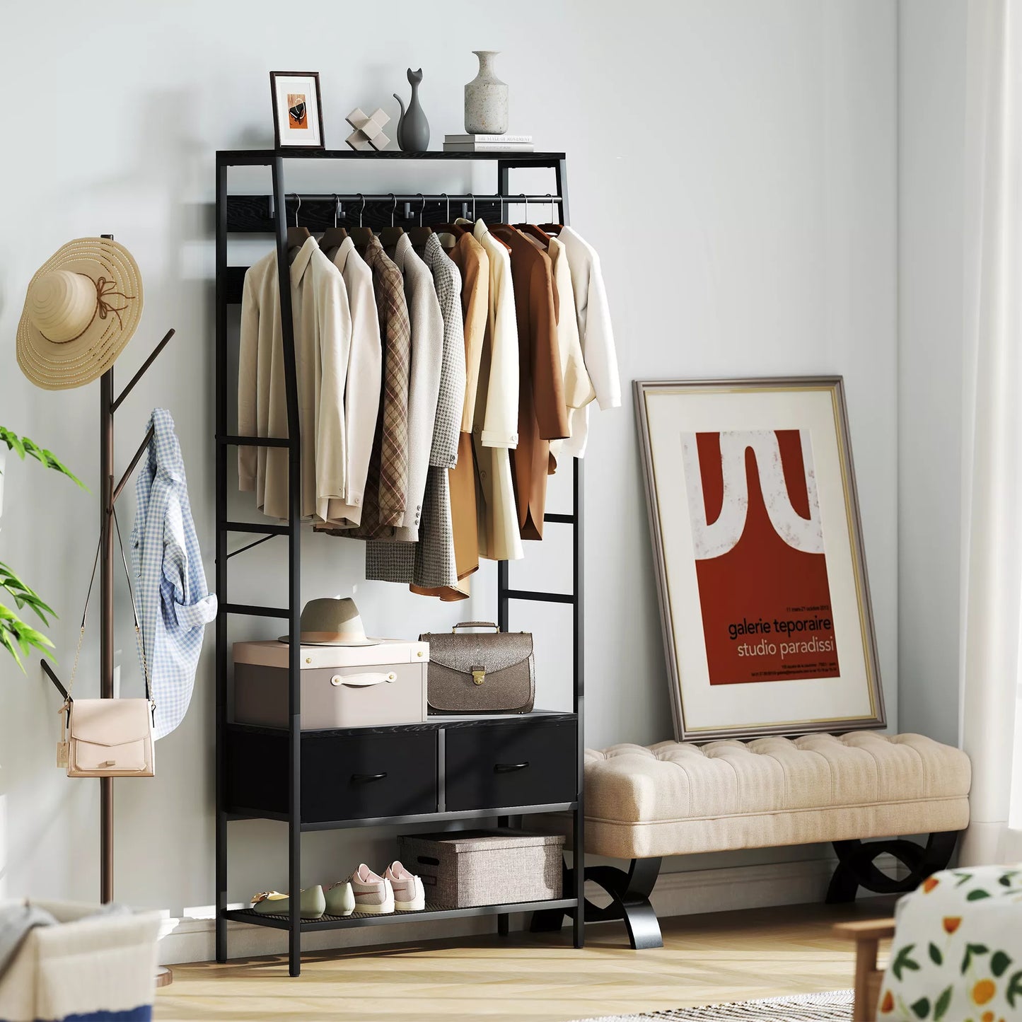 Drabužių kabykla su batų lentyna, drabužių stovas industrinio dizaino, 2 audinio stalčiai, 8 kabliukai, metalinis rėmas, juoda