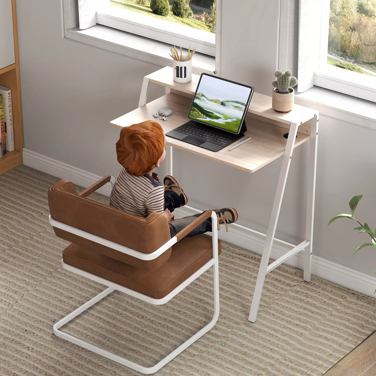 Rašomasis stalas, kompiuterio stalas su lentyna ir kabelių valdymo sistema, modernus stalas su metaliniu rėmu darbo kambariui, miegamajam, namų biurui, 84 x 45 x 85 cm, Balta+Ąžuolas