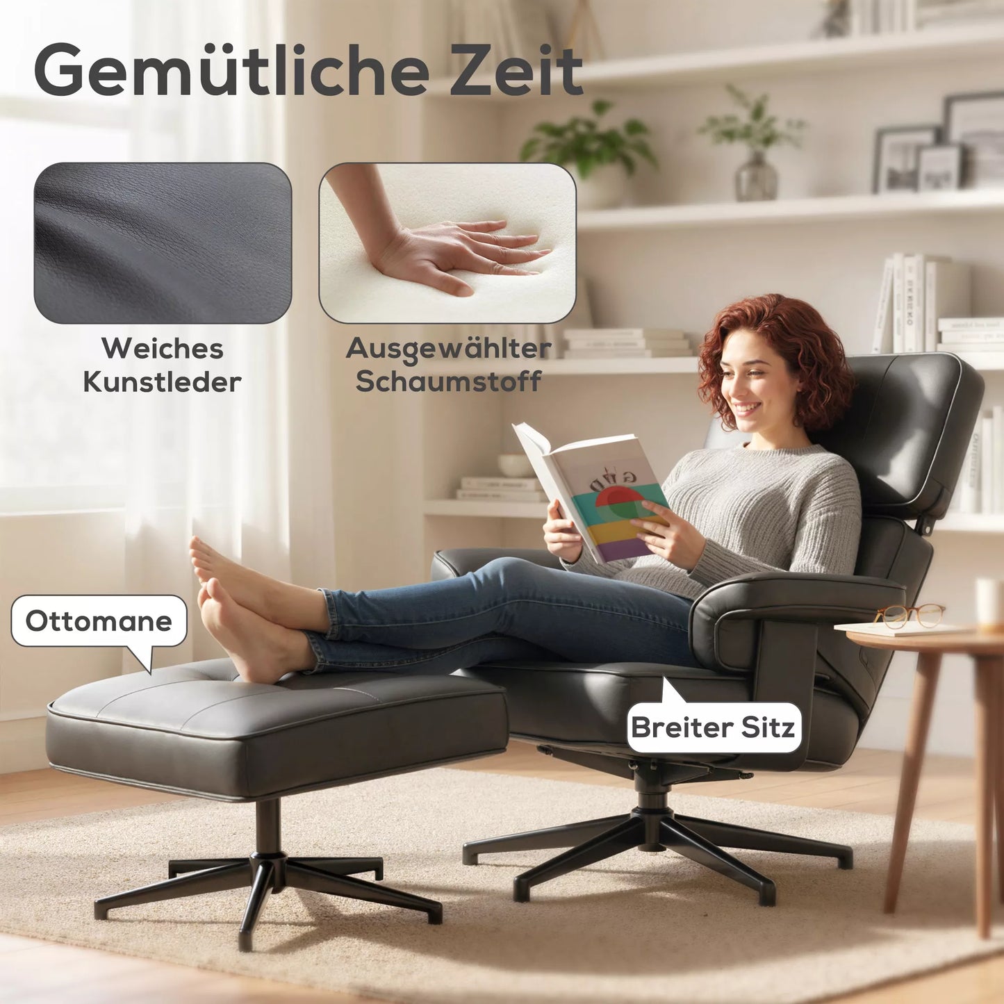 Reguliuojamas atlošiamas krėslas su pufu, dirbtinės odos apmušalas, aukščio reguliuojama galvos atrama, metalinis pagrindas, juodos spalvos