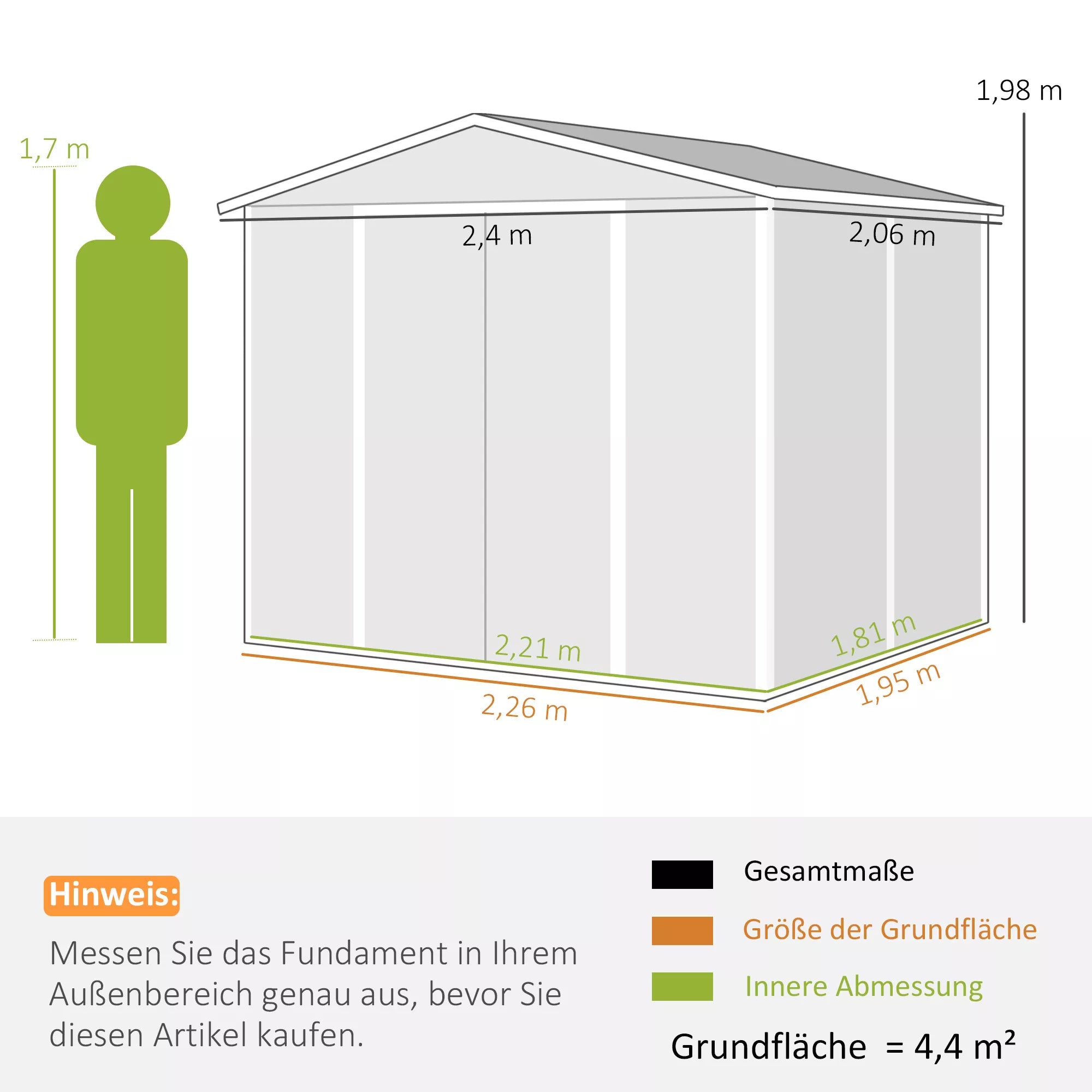 Metalinis įrankių sandėliukas, atsparus atmosferos poveikiui ir nerūdijantis, užrakinamas,  2,40 x 2,06 x 1,98 m, šviesiai pilkos spalvos