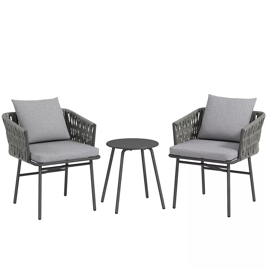 3 dalių lauko baldų rinkinys, 2 kėdės, 1 stalas, bistro rinkinys, dirbtinis rotangas, plieninis rėmas, metalinis stalas, 4 pagalvėlės, pilkos spalvos