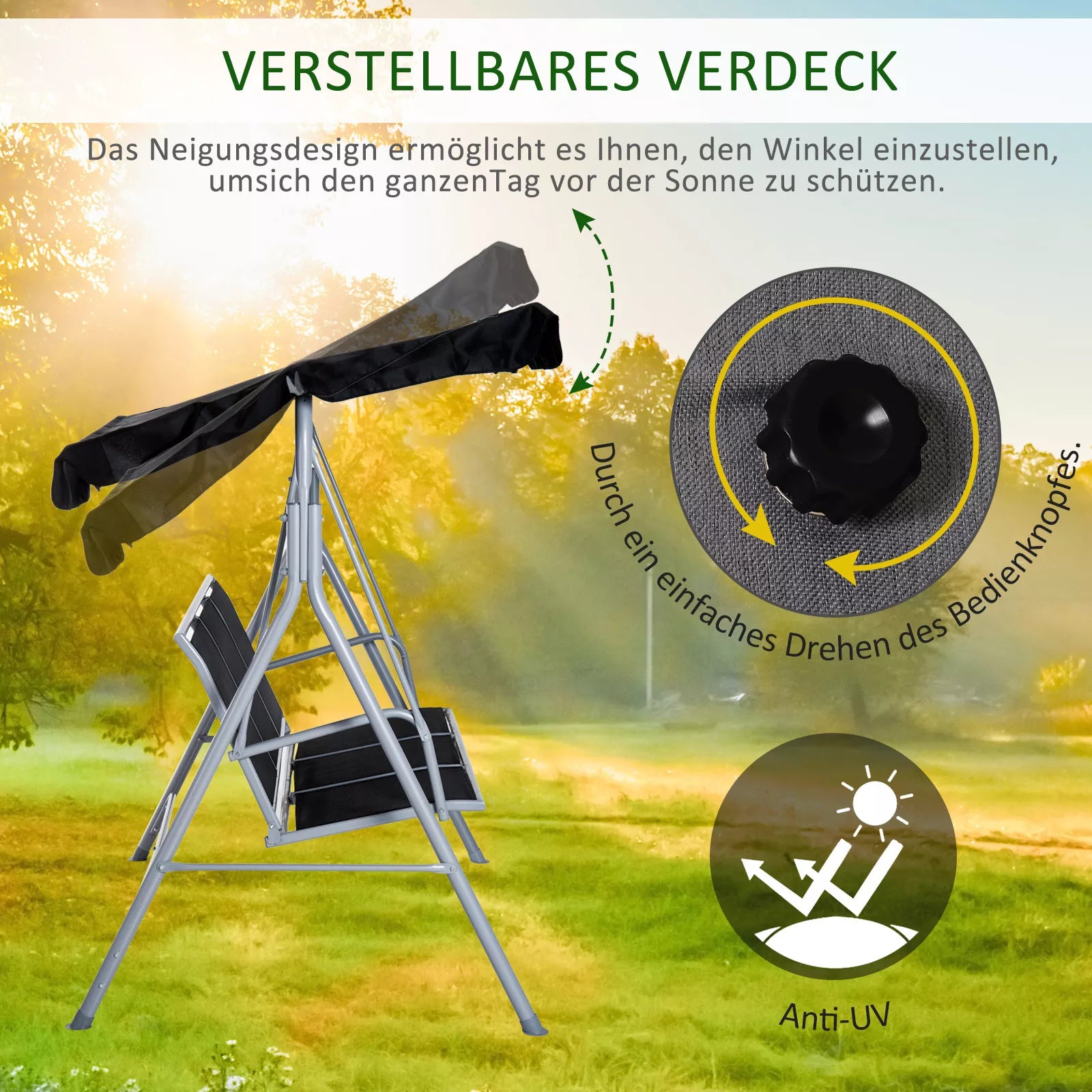 Hollywood sūpuoklės su reguliuojamu stogeliu nuo saulės, 3 vietų sodo sūpuoklės su neslystančiomis kojelėmis, sūpuoklinis suoliukas atlaiko iki 240 kg, sodo gultas sodui, terasai, 171x108x150cm, juodos spalvos