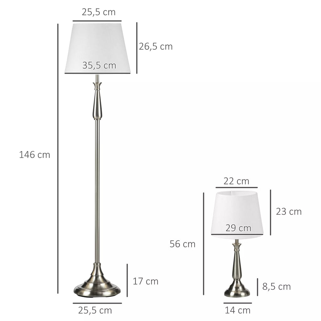 3 dalių vintažinio dizaino šviestuvų komplektas, 2 stalinės lempos, 1 pastatomas šviestuvas, 35,5 cm x 35,5 cm x 146 cm, Sidabrinė + Balta