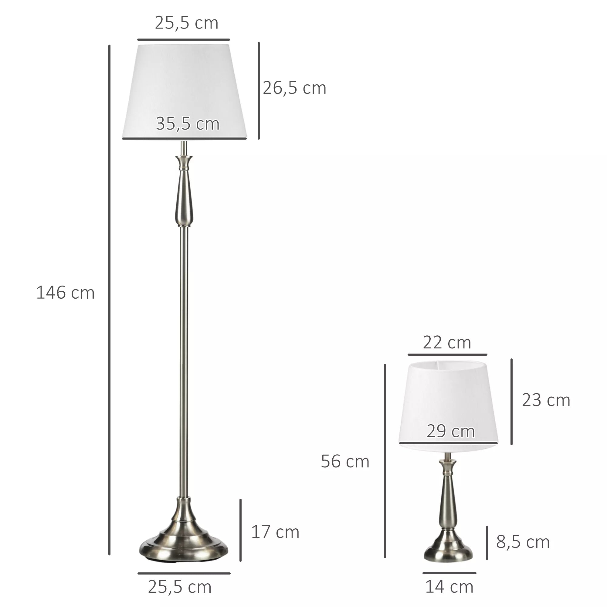 3 dalių vintažinio dizaino šviestuvų komplektas, 2 stalinės lempos, 1 pastatomas šviestuvas, 35,5 cm x 35,5 cm x 146 cm, Sidabrinė + Balta