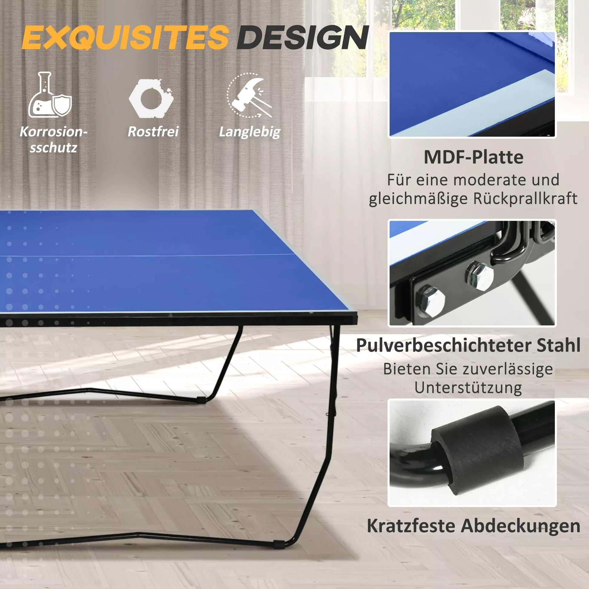 Sulankstomas stalo teniso stalas su 8 ratais, milteliniu būdu dengtu plieniniu rėmu, MDF, 274 x 152,5 x 76 cm, Mėlynas