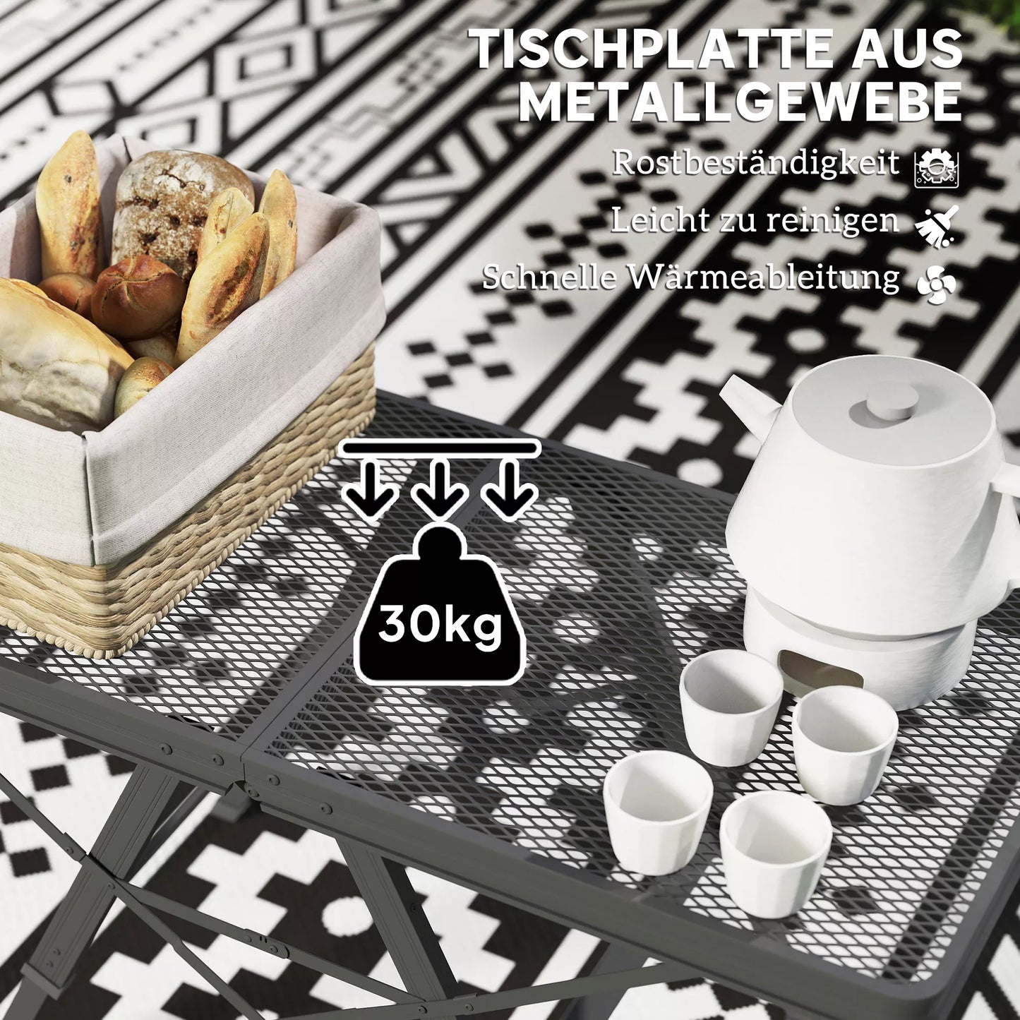 Sulankstomas aliumininis stovyklos staliukas, reguliuojamo aukščio, su metaliniu groteliu