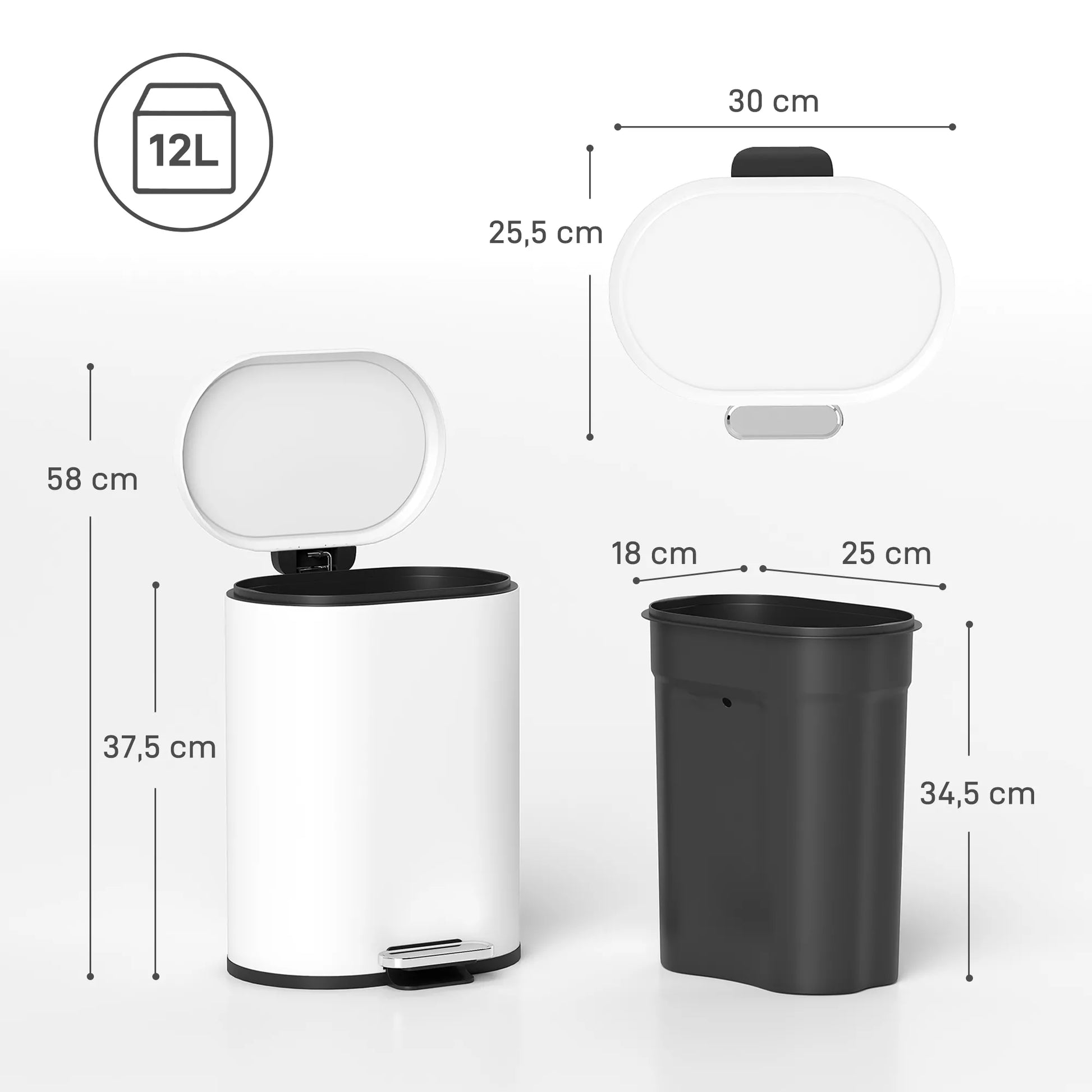 Šiukšliadėžė 12 l Pedalinė šiukšliadėžė su dangčiu, pedalu, vidiniu kibiru, „Soft-Close“ funkcija, 30 x 25,5 x 37,5 cm, balta
