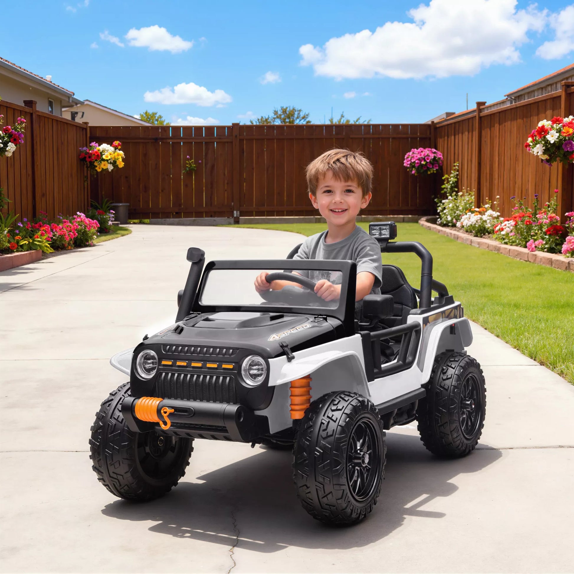 Elektrinis automobilis vaikams, 12V akumuliatorius, su papildoma sėdyne, valdomas nuotoliniu pultu, muzika, signalas, LED žibintai, 3-8 metai, baltas