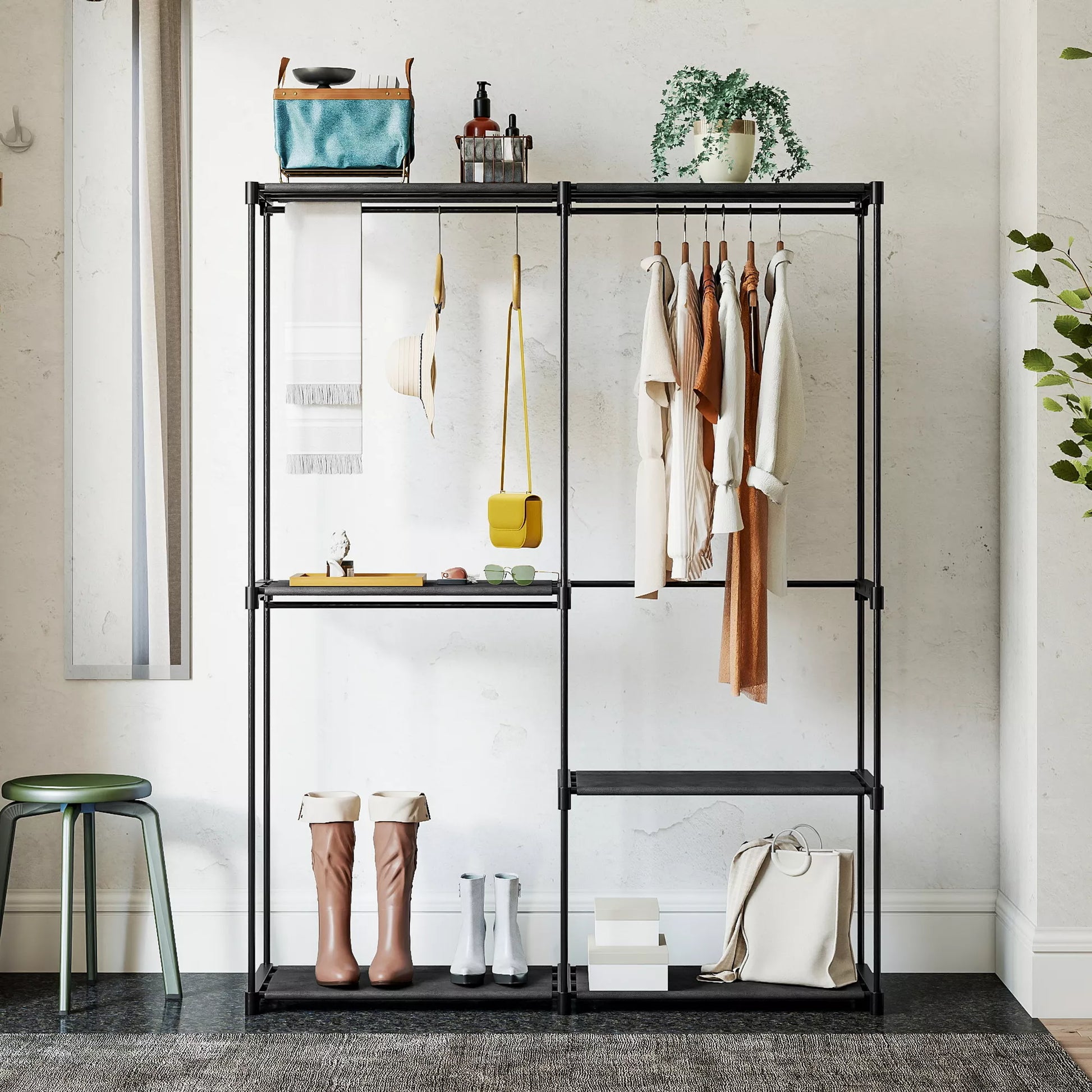 Nešiojama drabužių kabykla, metalinis rėmas, audinių lentynos, daug vietos, juoda