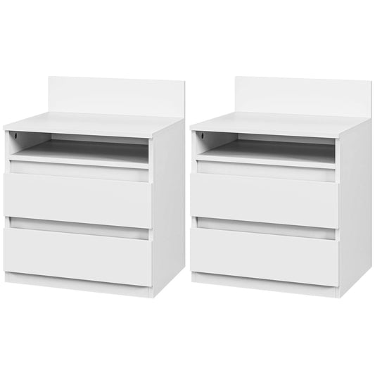 Naktinis staliukas 2 vnt. komplekte su stalčiais ir lentyna, modernus, baltos spalvos, miegamajam