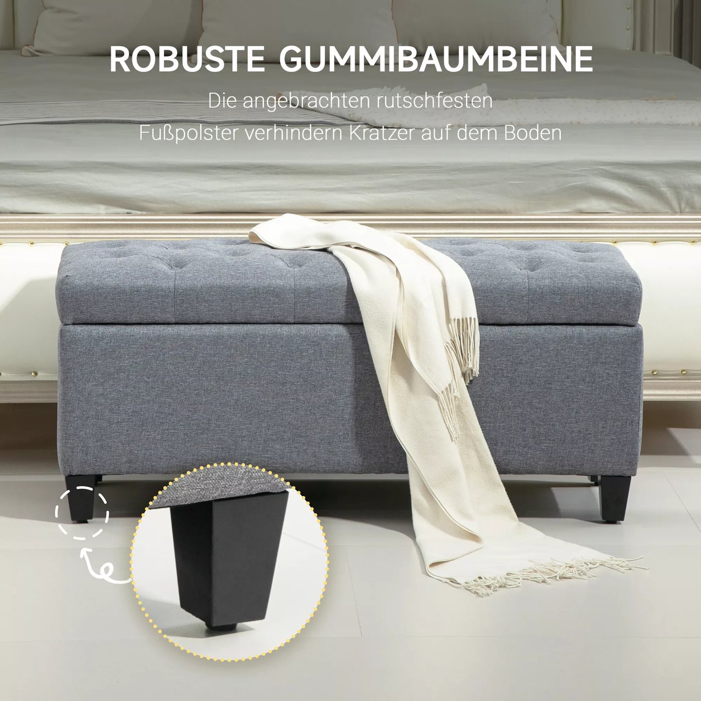 Suolas su daiktadėže, apmuštas, lininio tipo poliesteris, kaučiuko mediena, 100 x 40 x 44 cm, šviesiai pilkas