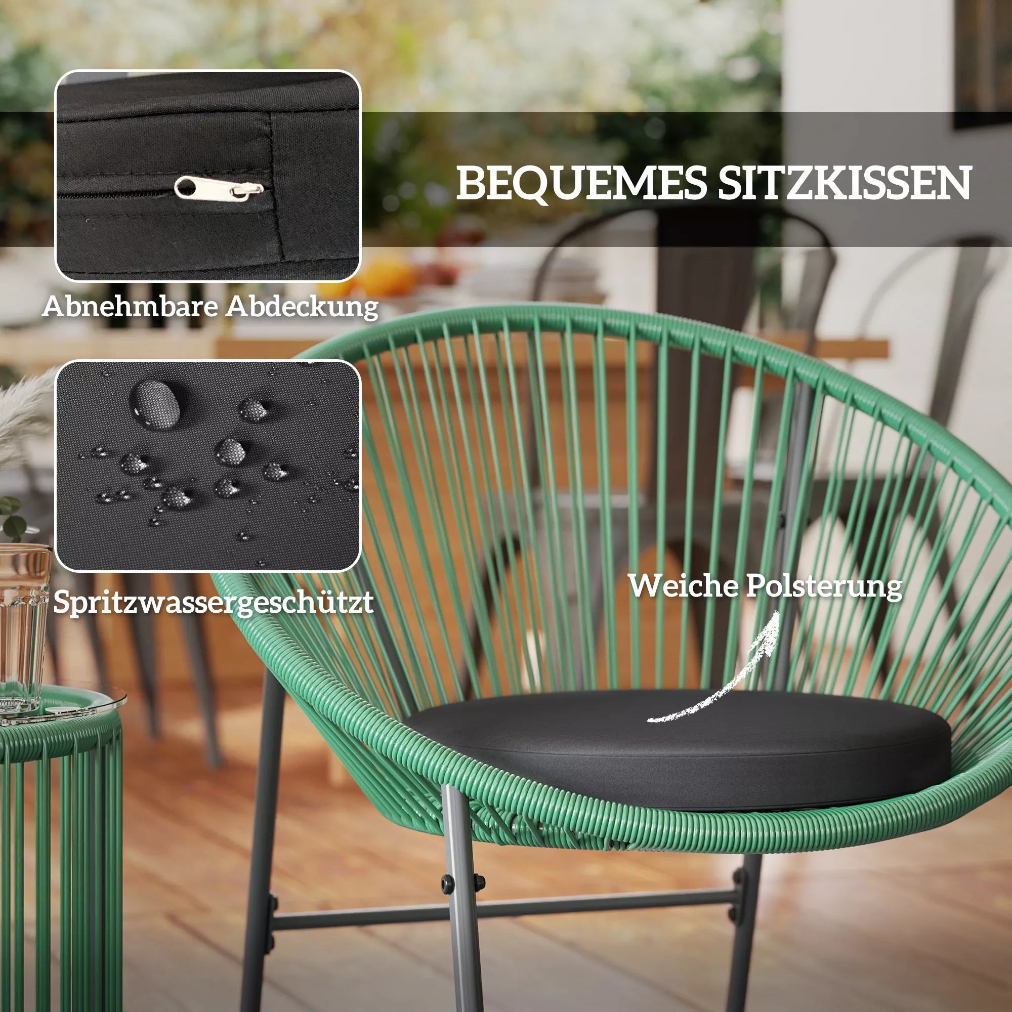 3 dalių lauko baldų komplektas, 1 stalas, 2 kėdės, stiklinis stalviršis, plastikinis rotangas ant plieninio rėmo, minkštos pagalvėlės, žalias