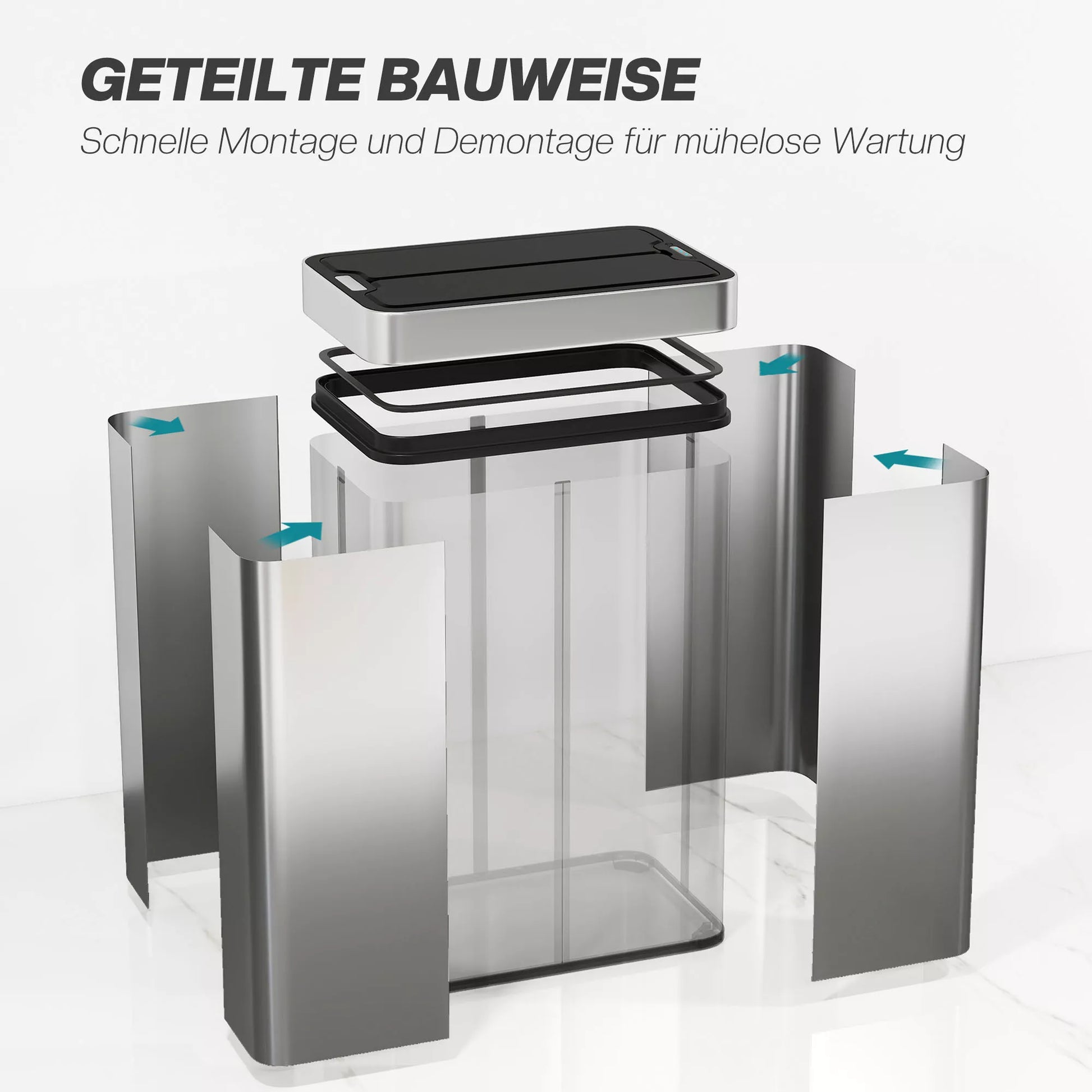 Jutiklinis šiukšlių konteineris, 55 l talpos, su drugelio formos dangčiu, atsidaro automatiškai, nerūdijančio plieno, sidabrinės spalvos