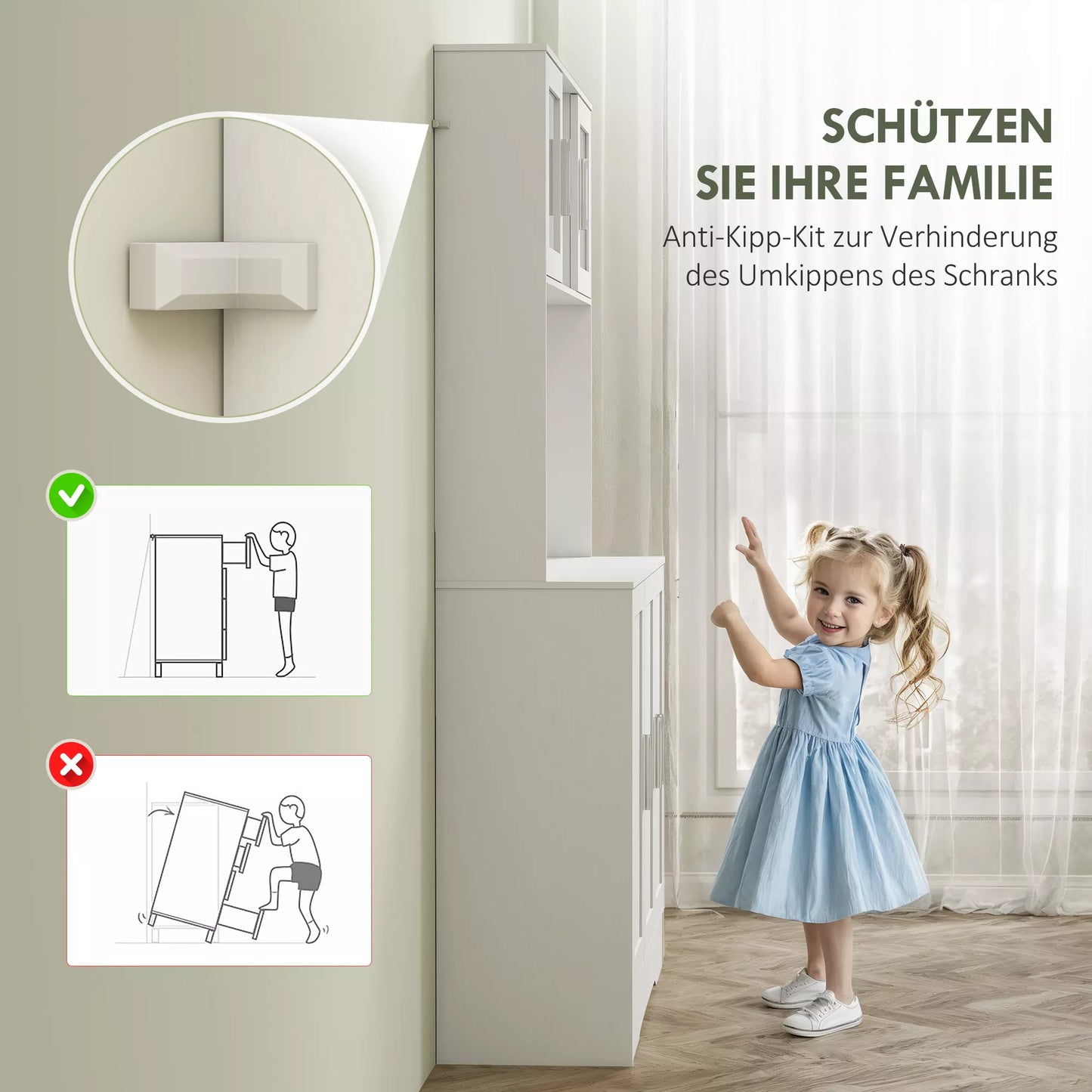 Virtuvinė spintelė, Skandinaviško dizaino, 4 skyriai, reguliuojamos lentynos, stiklinės durys, atvira erdvė, medžio drožlių plokštė, MDF, Balta