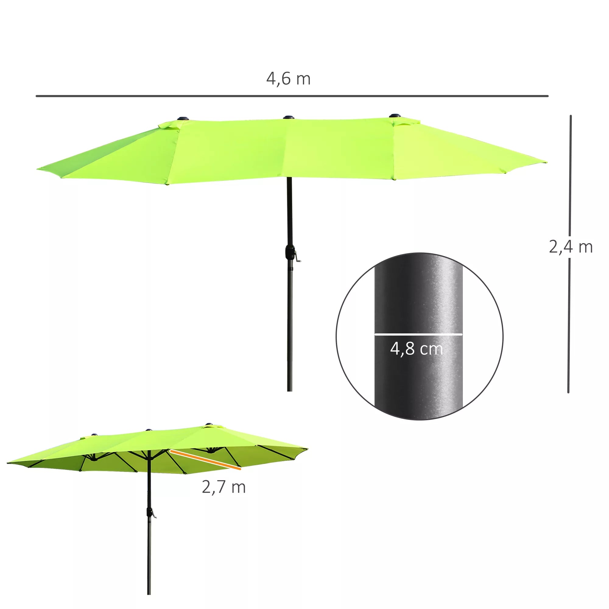 Dvigubas skėtis nuo saulės 455 x 270 cm Sodo skėtis su rankine ovalios formos tvirta metaline strypu Turgaus skėtis Dvigubas skėtis nuo saulės Terasos skėtis Apsauga nuo saulės paplūdimyje, balkone, terasoje, sode, žalijoje zonoje