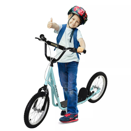 Šviesiai mėlynas vaikiškas paspirtukas su stabdžiu, reguliuojamas aukštis, lengvos konstrukcijos