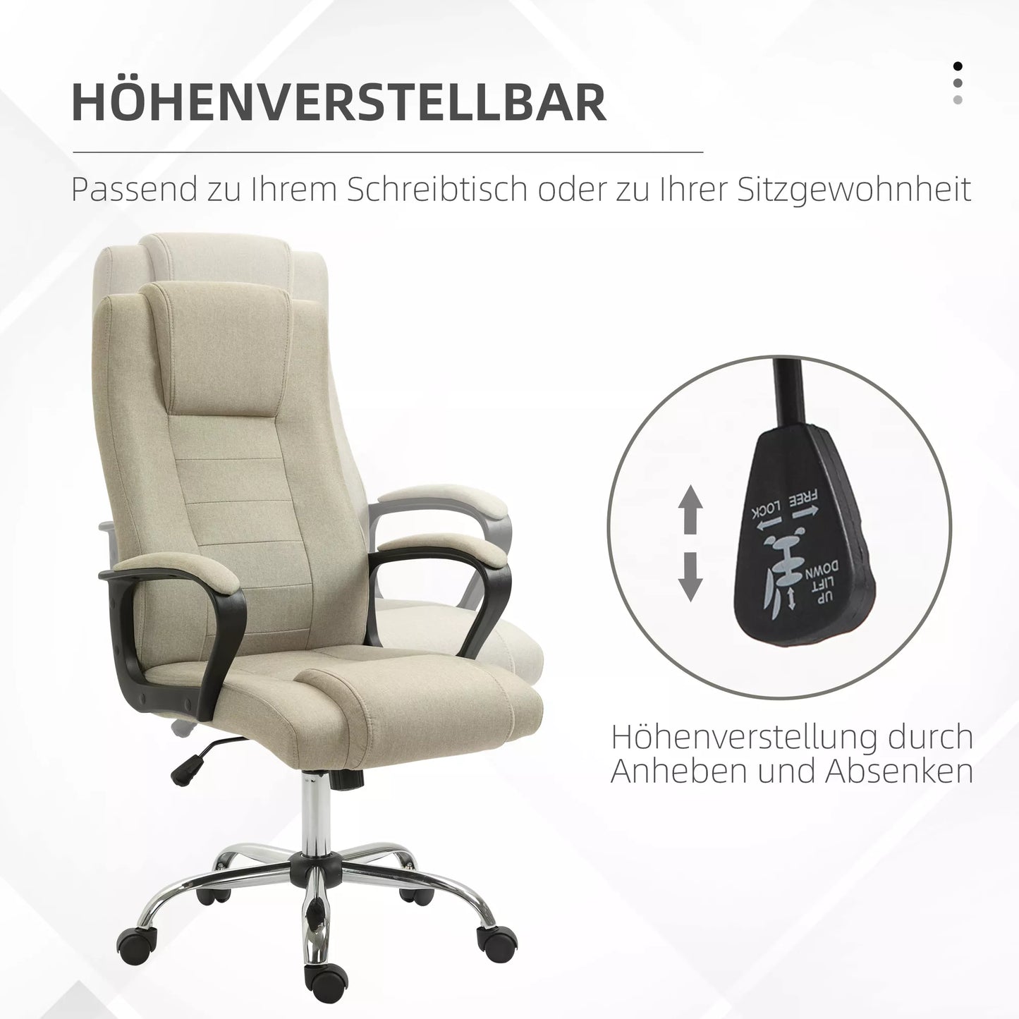 Biuro kėdė su linine išvaizda, reguliuojamo aukščio, pakreipimo funkcija, 5 ratukai, smėlio spalvos