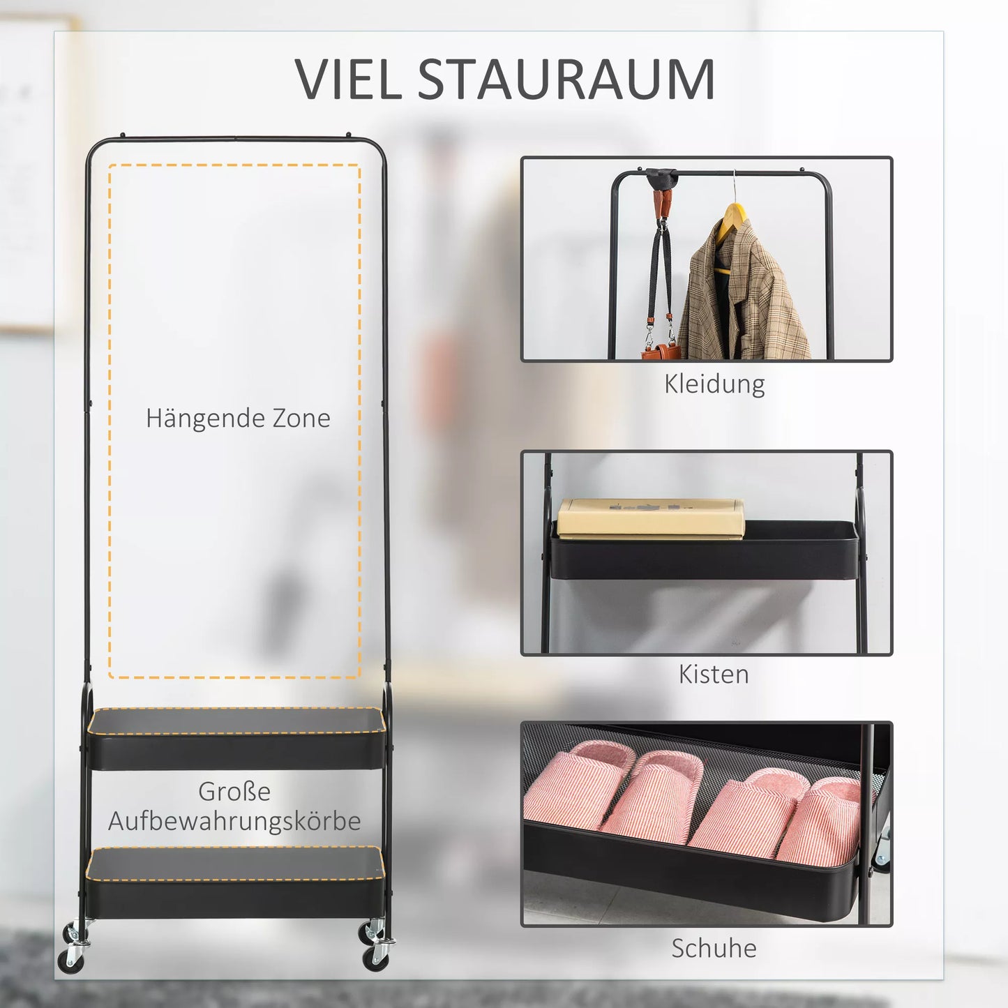 Metalinė drabužių kabykla su batų lentyna, ant ratukų, pastatoma, juoda