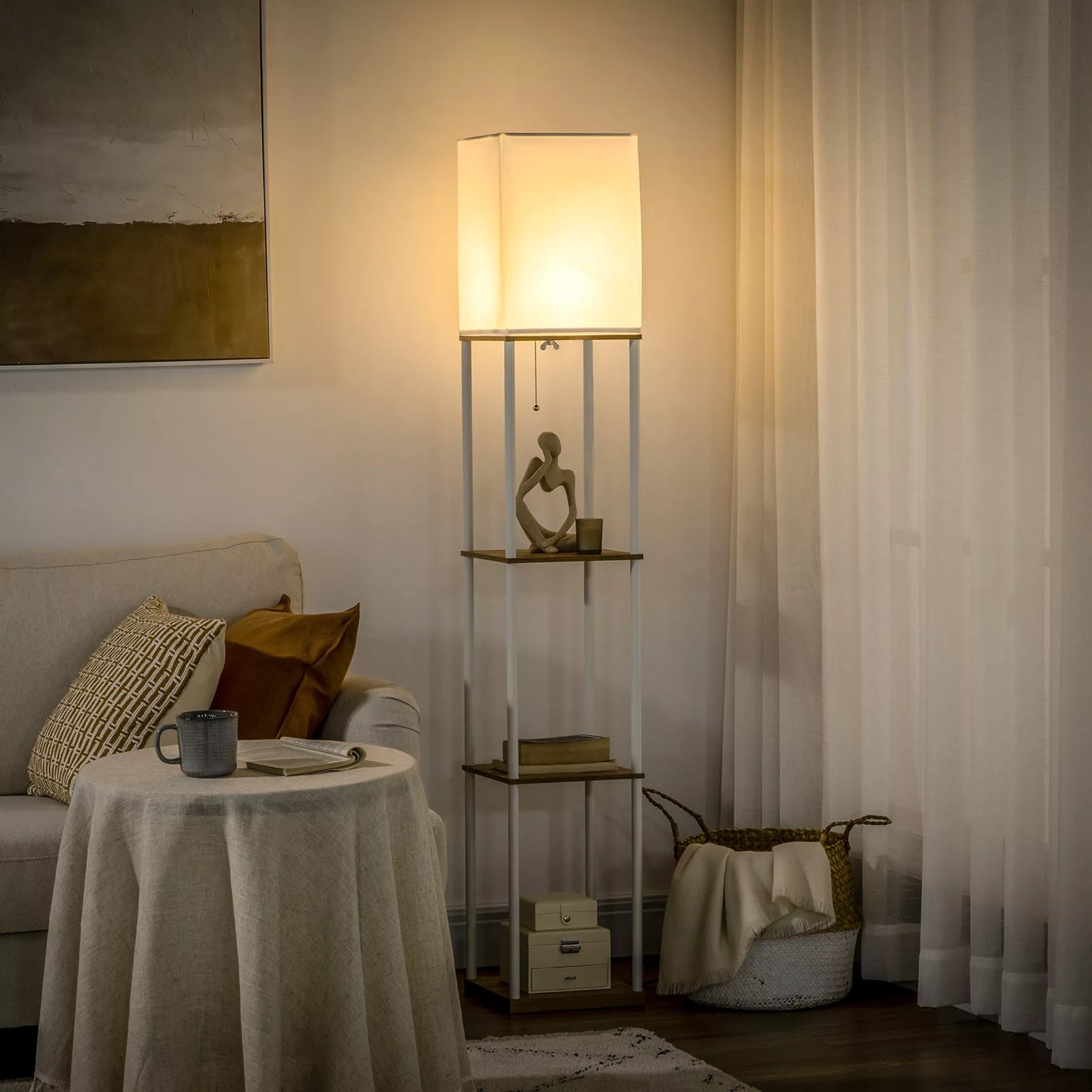 Stovas, lubų šviestuvas, su lentynomis, metalinis rėmas, audinio gaubtas, 26x26x159 cm, baltas/rudas