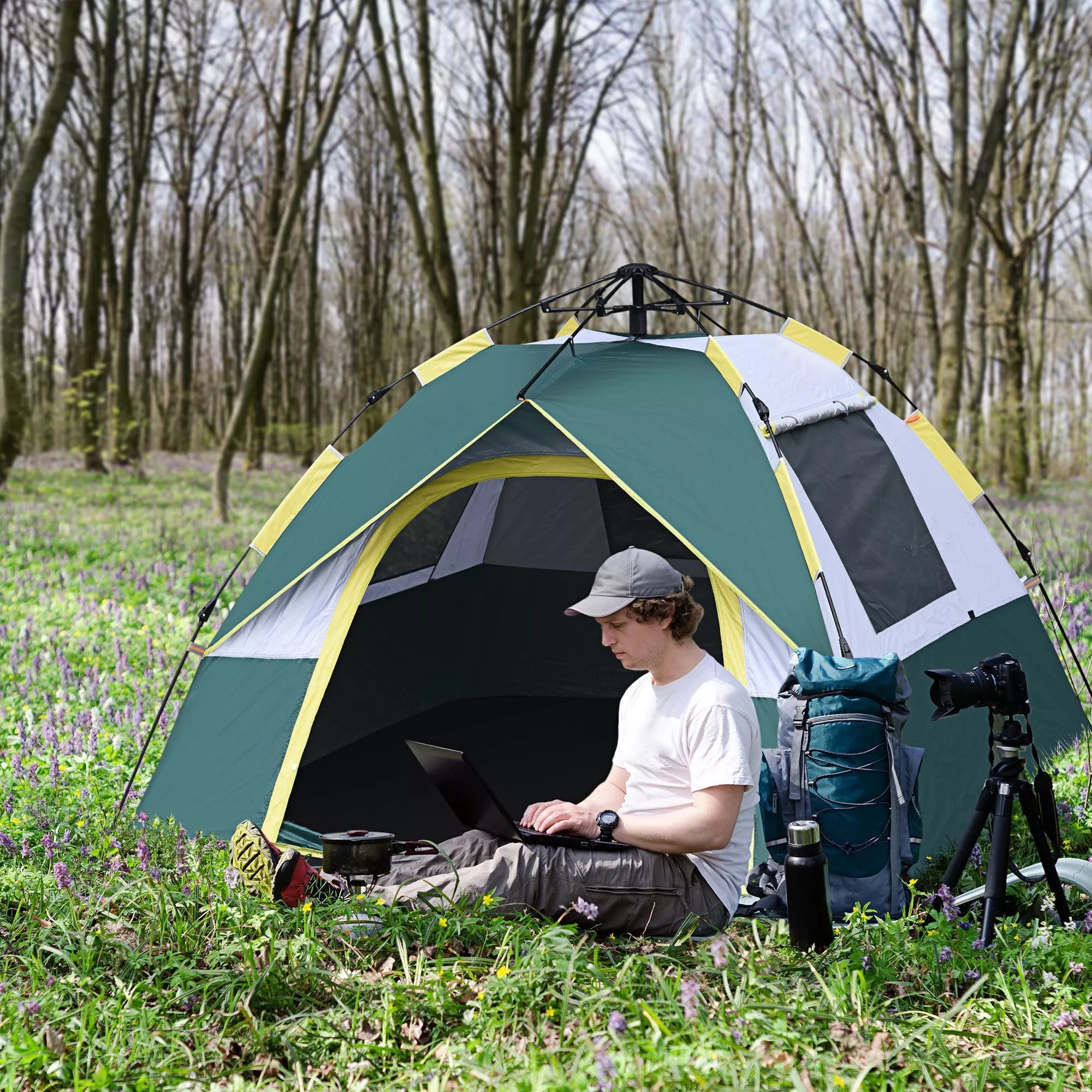 Kempingo palapinė 3 asmenims Pop-up kupolinė palapinė su langu, pakavimo maišeliu, kabliais, grindų danga, šeimos palapinė su 1000 mm vandens stulpu Palapinė kempingui, kelionėms, žygiai, sodui