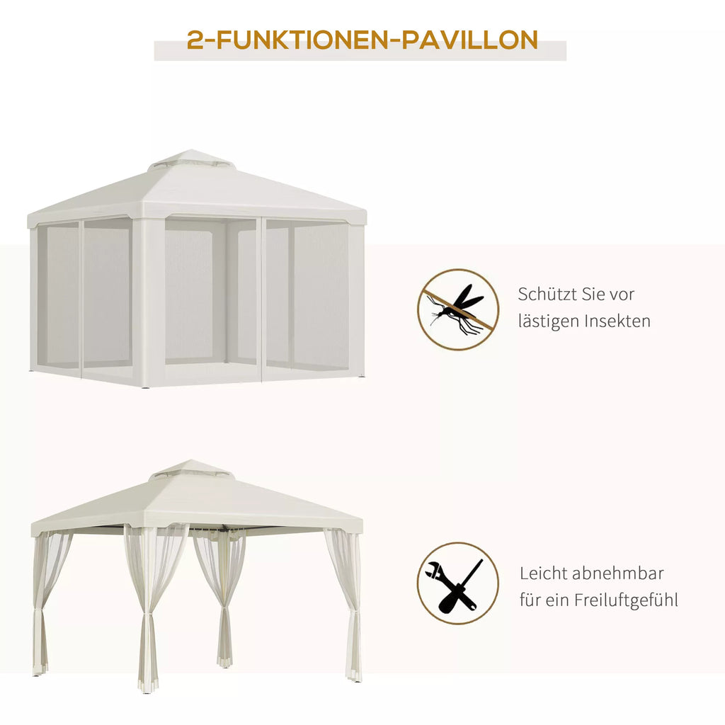 Paviljonas su dvigubu stogu, apie 3x3 m. Neperšlampamas, stabilus, atsparus žiemos sąlygoms sodo paviljonas su moskitine tinklele, šoninėmis dalimis, metalinis sodo paviljonas, skirtas sodui, terasai, kreminės baltos spalvos.