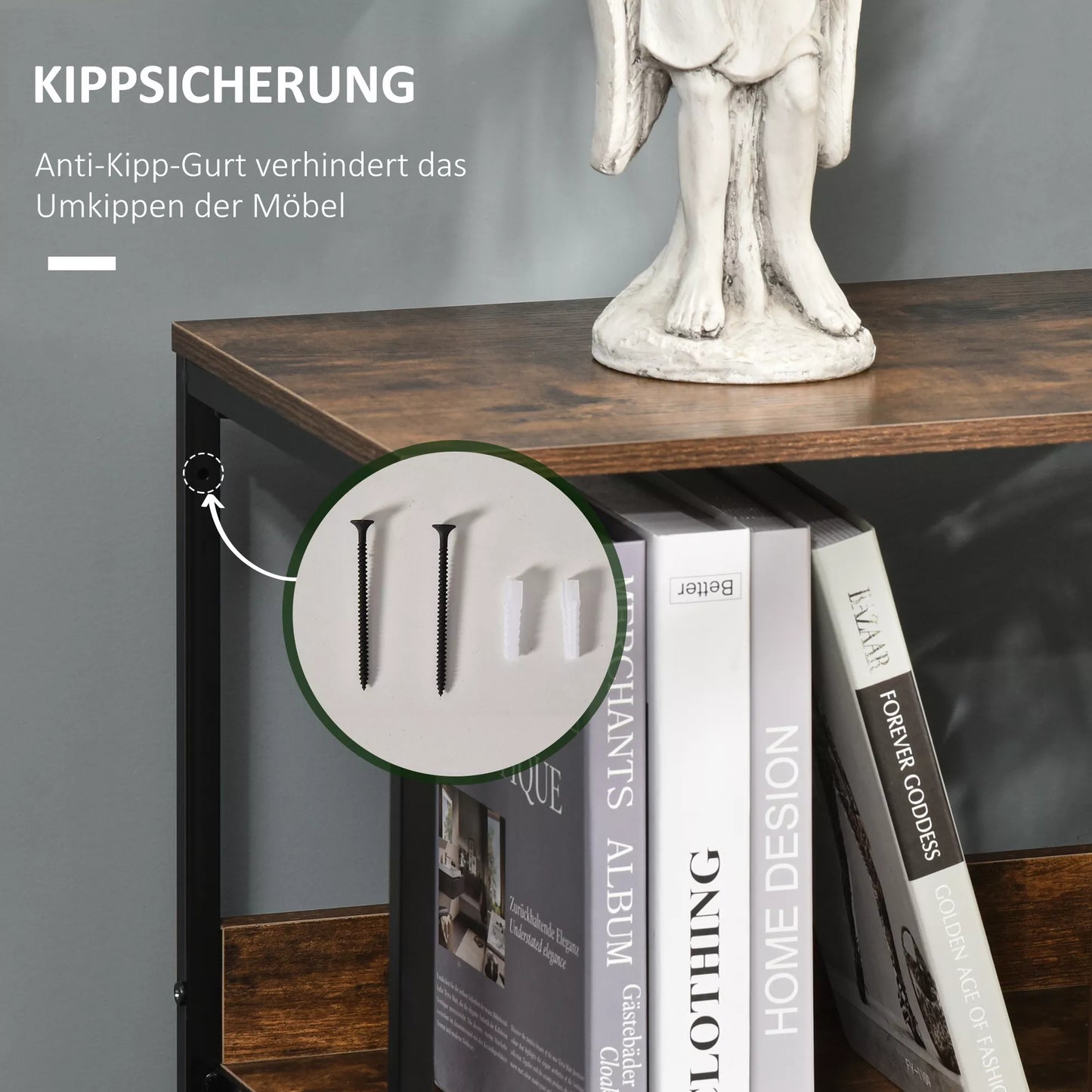 Juoda komoda su 3 stalčiais, lino apdaila, su lentynomis ir rankenomis