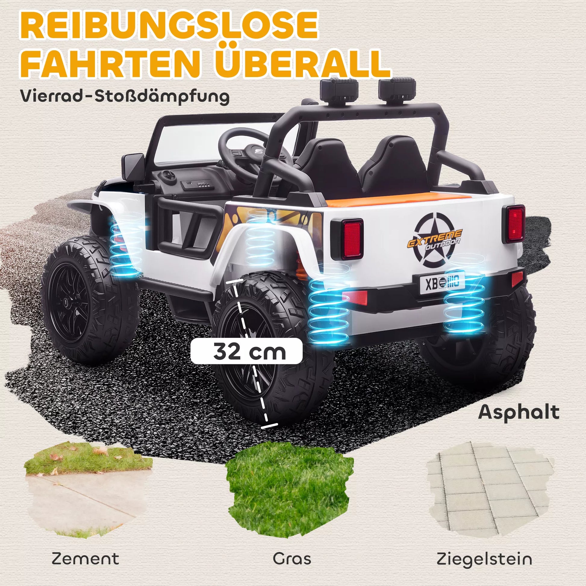 Elektrinis automobilis vaikams, 12 V baterija, su tėvų ir vaiko sėdynėmis, nuotolinio valdymo pultas, muzika, signalas, LED žibintai, 3–8 metai, baltas