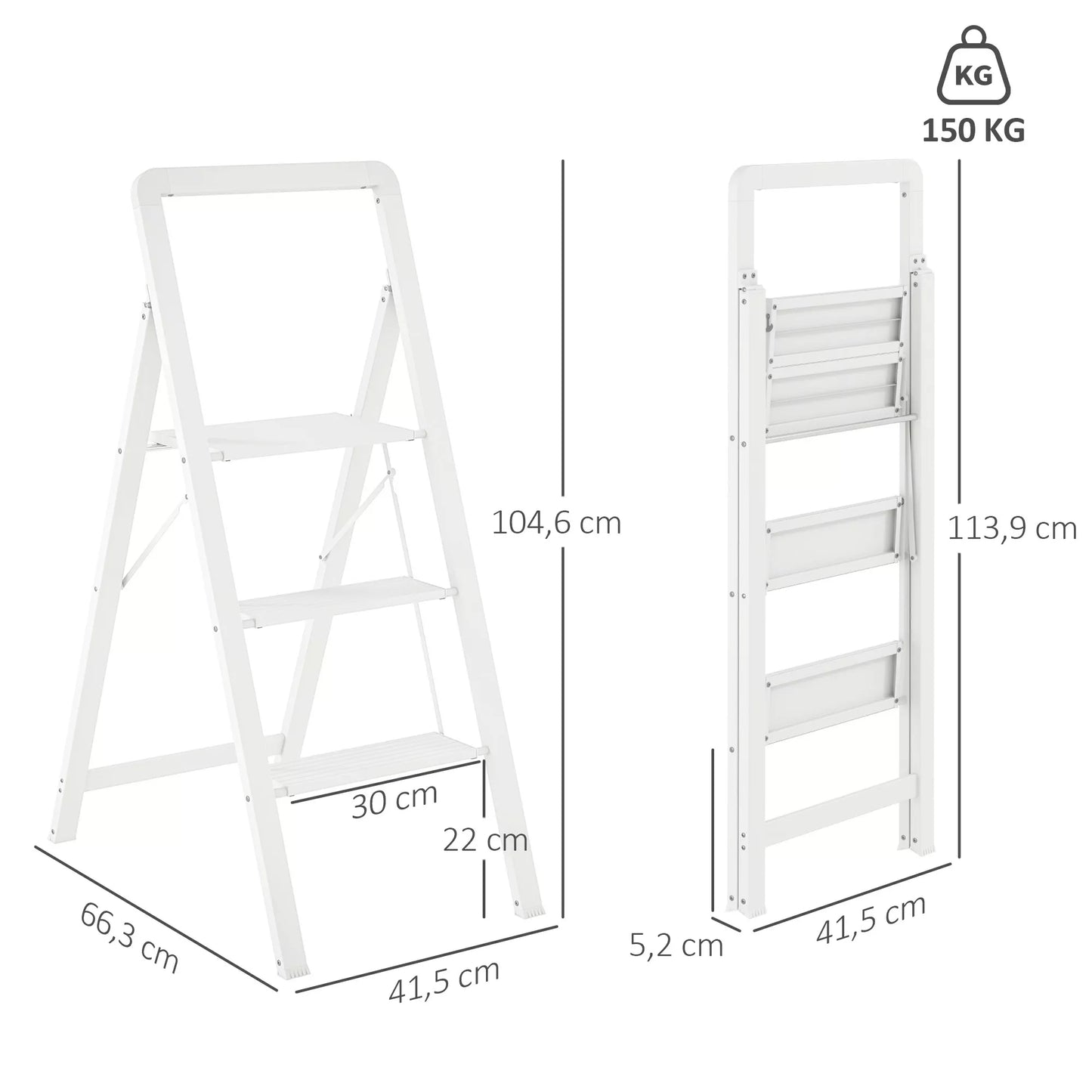 3 pakopų sulankstomos aliuminio kopetėlės, neslystanti platforma, baltos