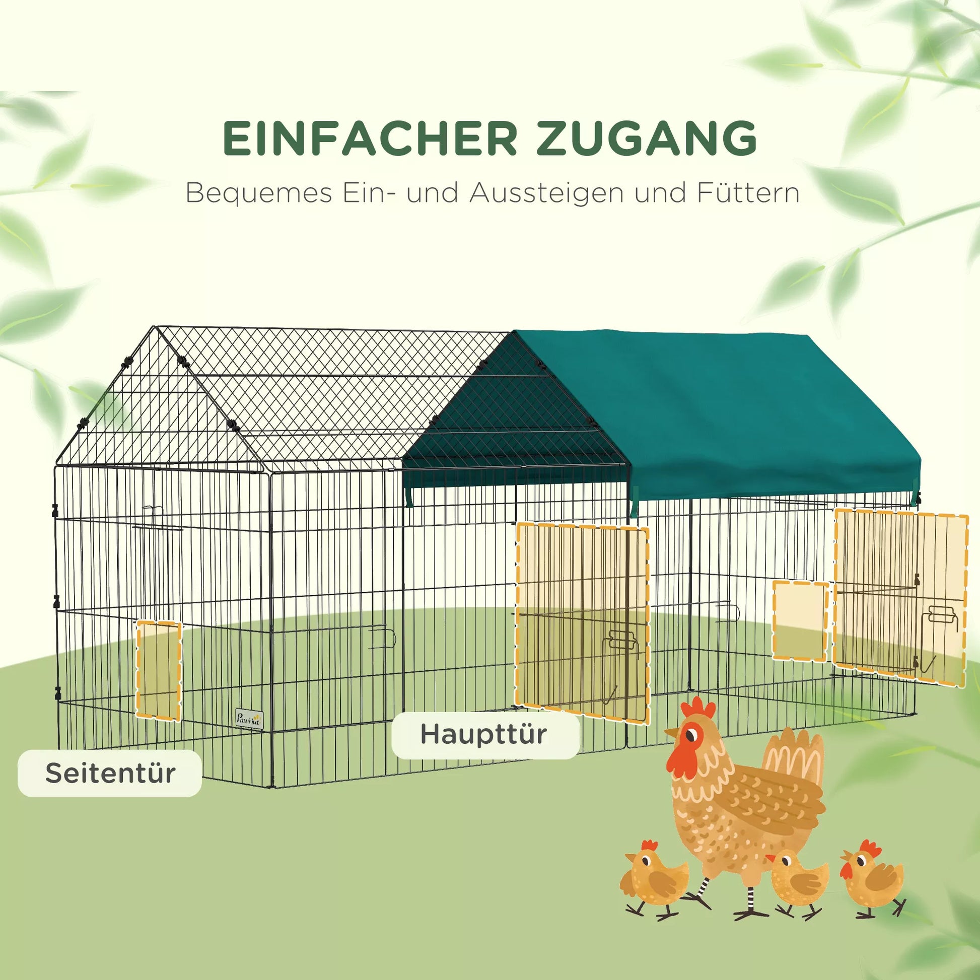 Mažų gyvūnų aptvaras su stogu, 4 durimis, atsparus atmosferos poveikiui, plienas/poliesteris, 220x85x103 cm, žalias/juodas