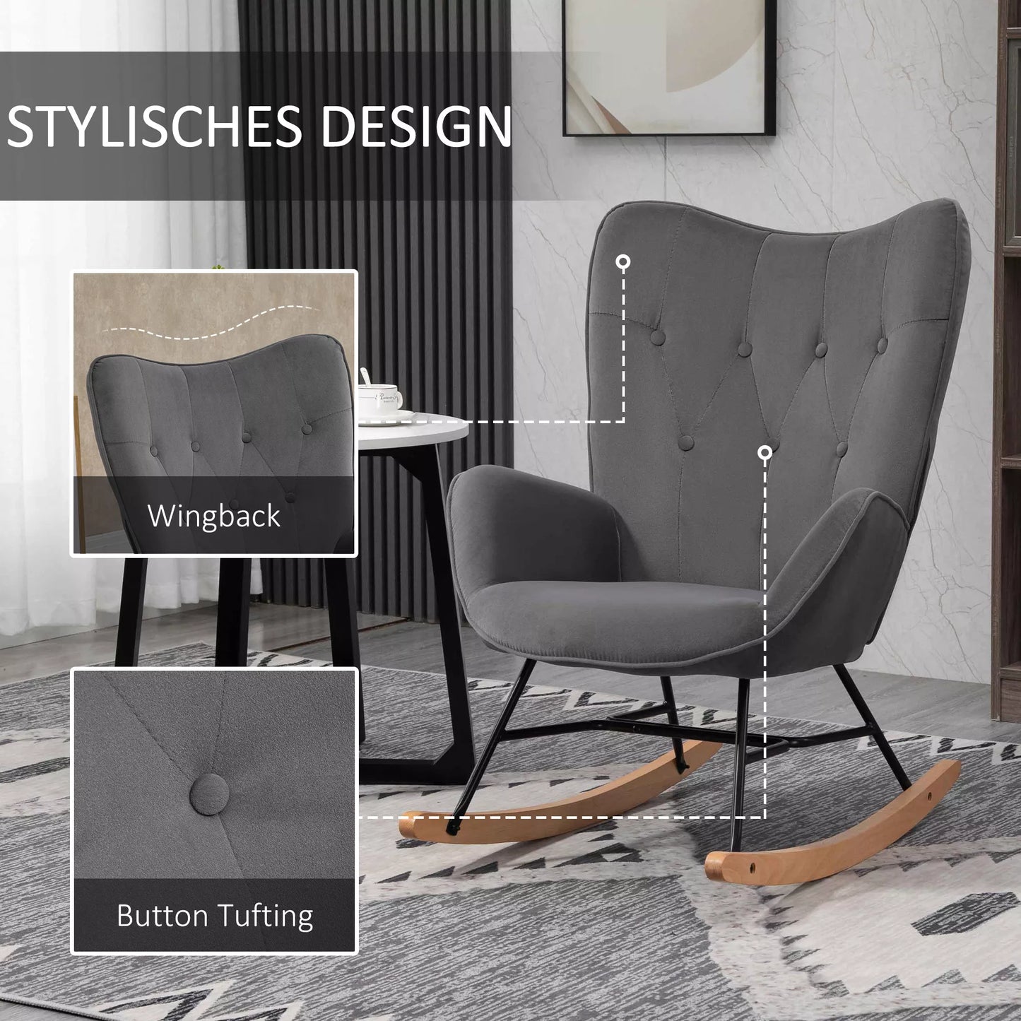 Supamasis krėslas su dygsniavimu, medinės atramos, aksomo išvaizda, iki 150 kg, tamsiai pilkas