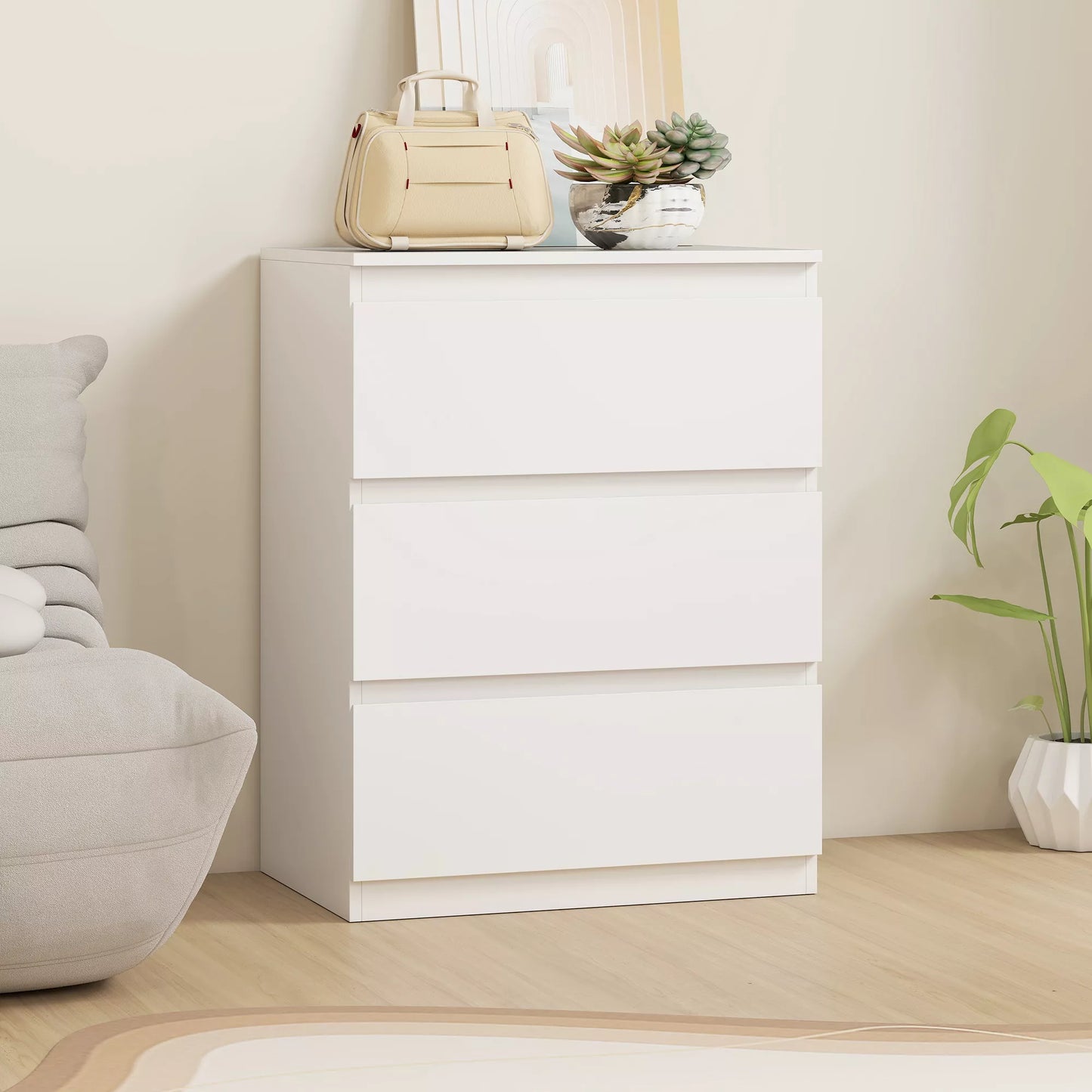 Kompaktinė spintelė su 3 stalčiais, skirta svetainei, miegamajam, prieškambariui, medžio drožlių plokštė, balta