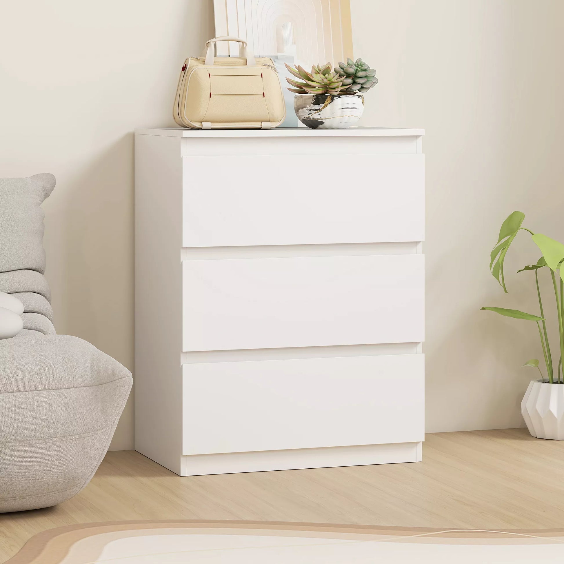 Kompaktinė spintelė su 3 stalčiais, skirta svetainei, miegamajam, prieškambariui, medžio drožlių plokštė, balta