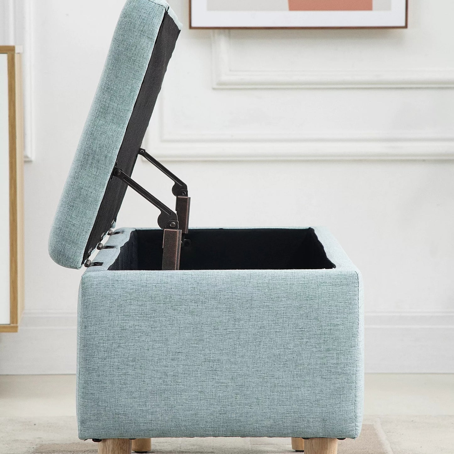 Suoliukas su daiktadėže, paminkštinta banketė su lino išvaizda, sėdima skrynia su medinėmis kojelėmis, skrynia-suoliukas svetainei, miegamajam, koridoriui 110 x 39 x 45 cm, šviesiai žalia