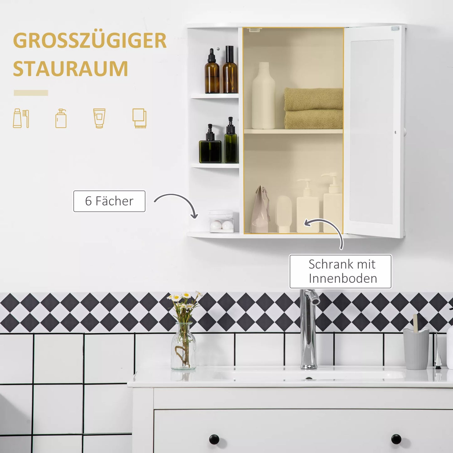 Veidrodinė spintelė voniai, 8 skyrių, su veidrodinėmis durimis, atspari vandeniui, 66 cm x 17 cm x 63 cm, balta