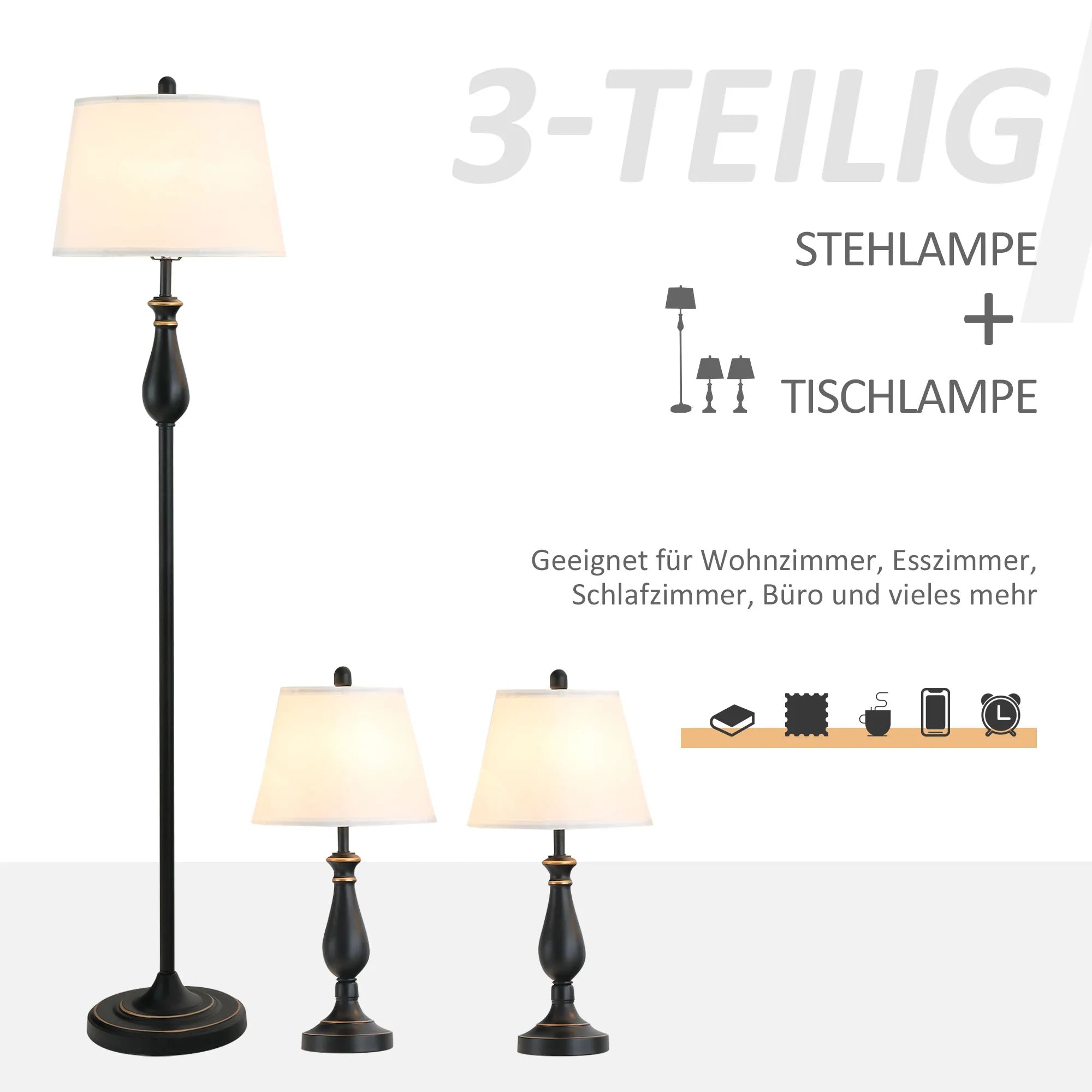 3 vnt. stovinčių lempų rinkinys, įskaitant 2 stalo lempas, 1 stovinčią lempą, stalo lempų rinkinys su E27 lizdu, lino lempų gaubtas, stovinčios lempos gyvenamajam kambariui, miegamajam, balta + juoda