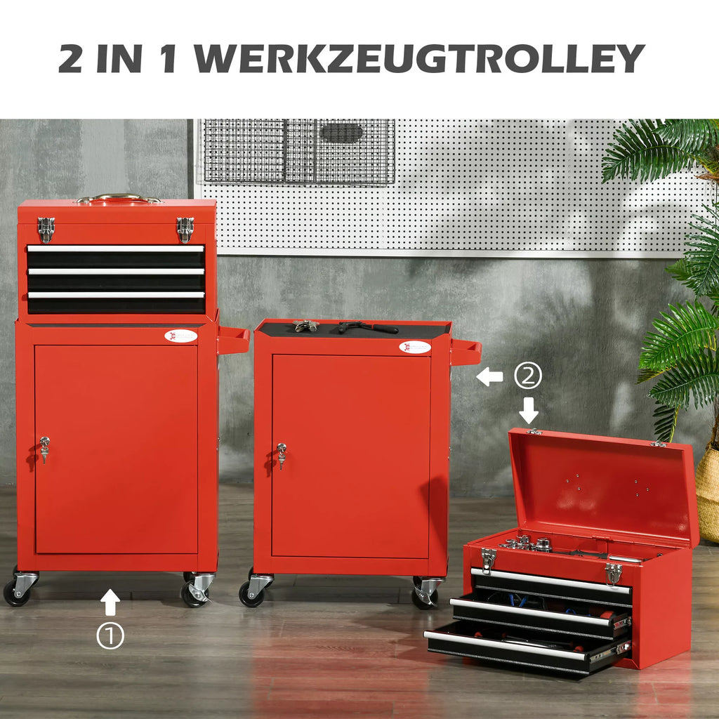 DURHAND 2-in-1 mobilus įrankių vežimėlis, 3 stalčiai, įrankių lentelė, plieninis korpusas, 46I x 28P x 94A cm, Raudonas