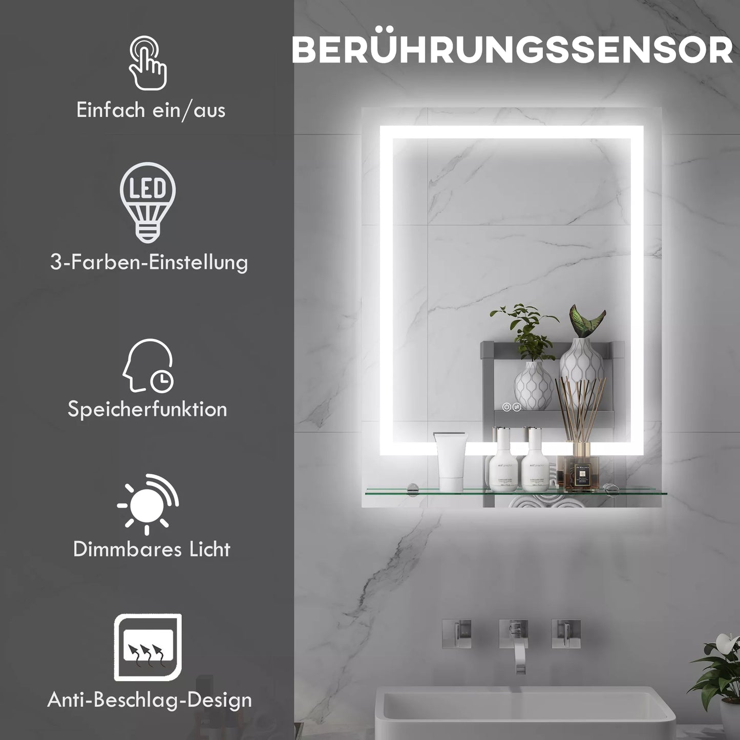 Vonios veidrodis su LED apšvietimu, 3 šviesos spalvos, apsaugos nuo rasojimo funkcija, laidinis, 70 x 50 cm