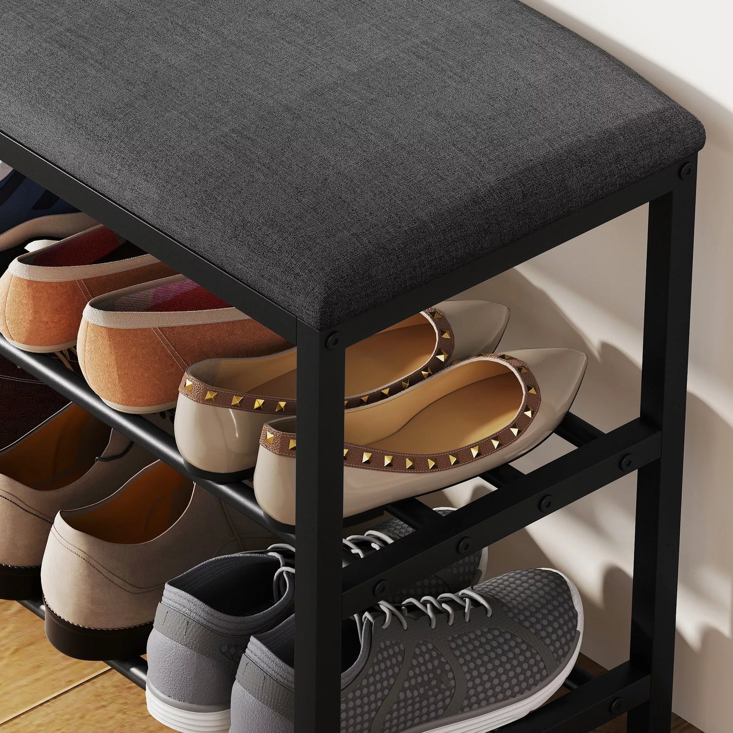 Batų spintelė su sėdimoji vieta, suoliukas su daiktų laikymo vieta, batų lentynos su 2 atviromis lentynomis, suoliukas 81 x 31 x 50 cm Juoda