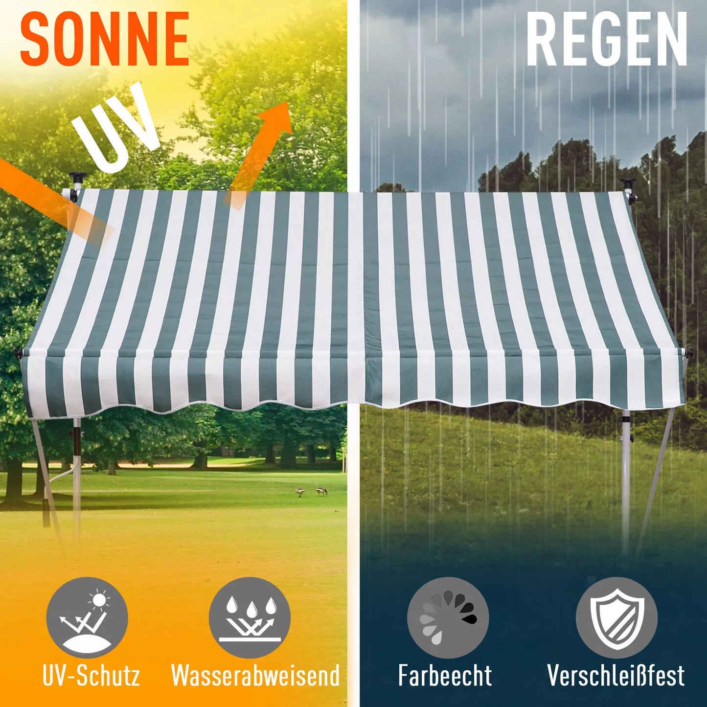 Tvirtinama markizė su rankenėle, reguliuojamo aukščio, išlankstoma markizė, atstumianti nešvarumus, atspari oro sąlygoms, balkono markizė 150cm pločio, terasos markizė terasai, balkonui, verandai, žalia